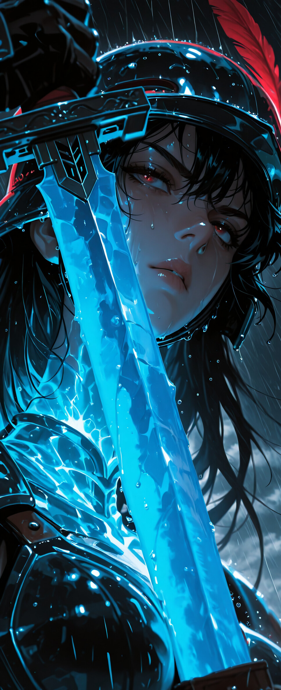 Close-up portrait of a female warrior in dark, glossy armor and a helmet with a red feather. She has long black hair, glowing red eyes, and is holding a large, glowing blue sword in the rain.