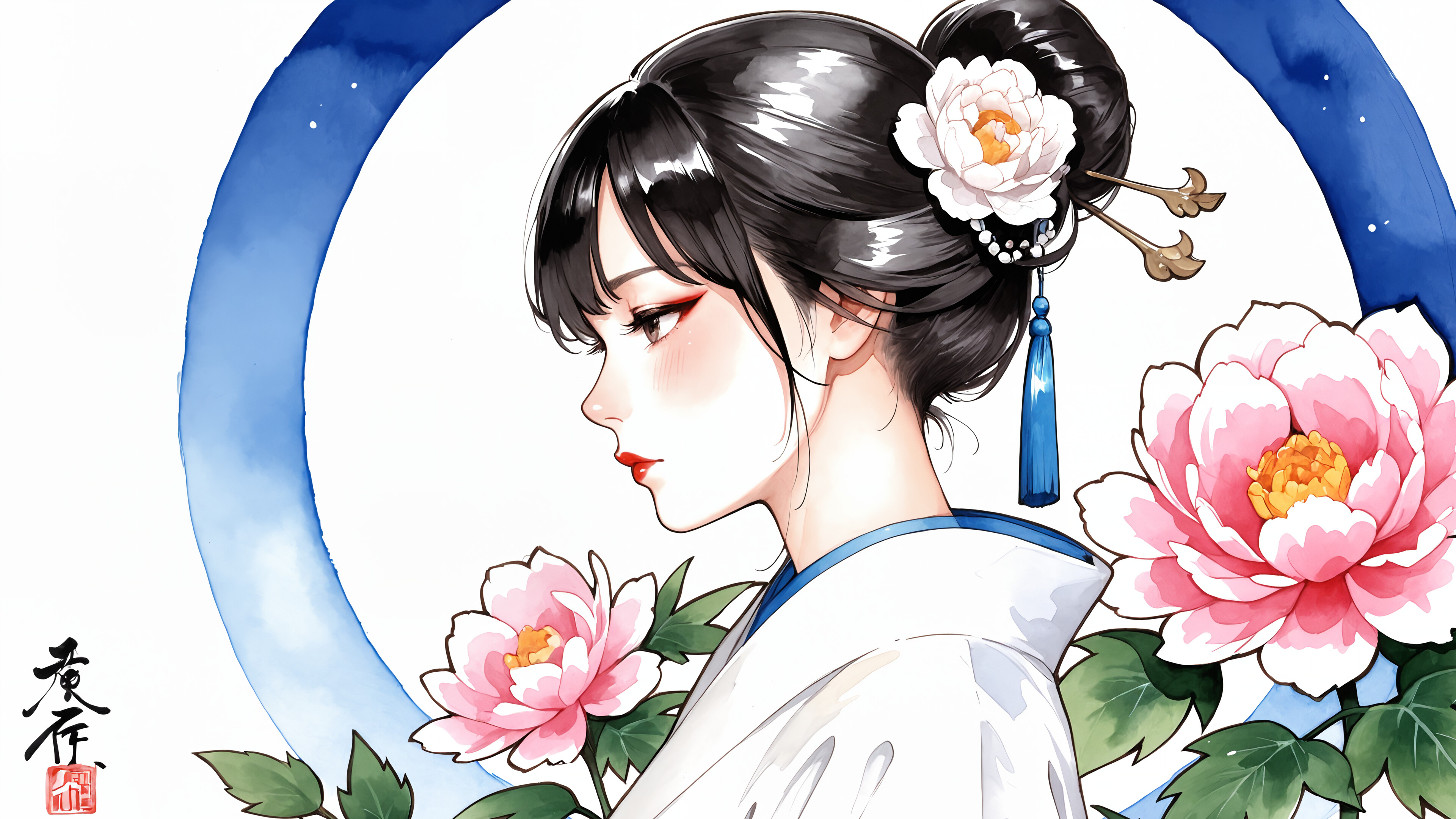 A profile portrait in a watercolor anime style of an East Asian woman with black hair in a bun, adorned with a white peony flower and a red tassel ornament. She wears a blue and white traditional robe and is set against a backdrop of a full moon and more peony flowers.