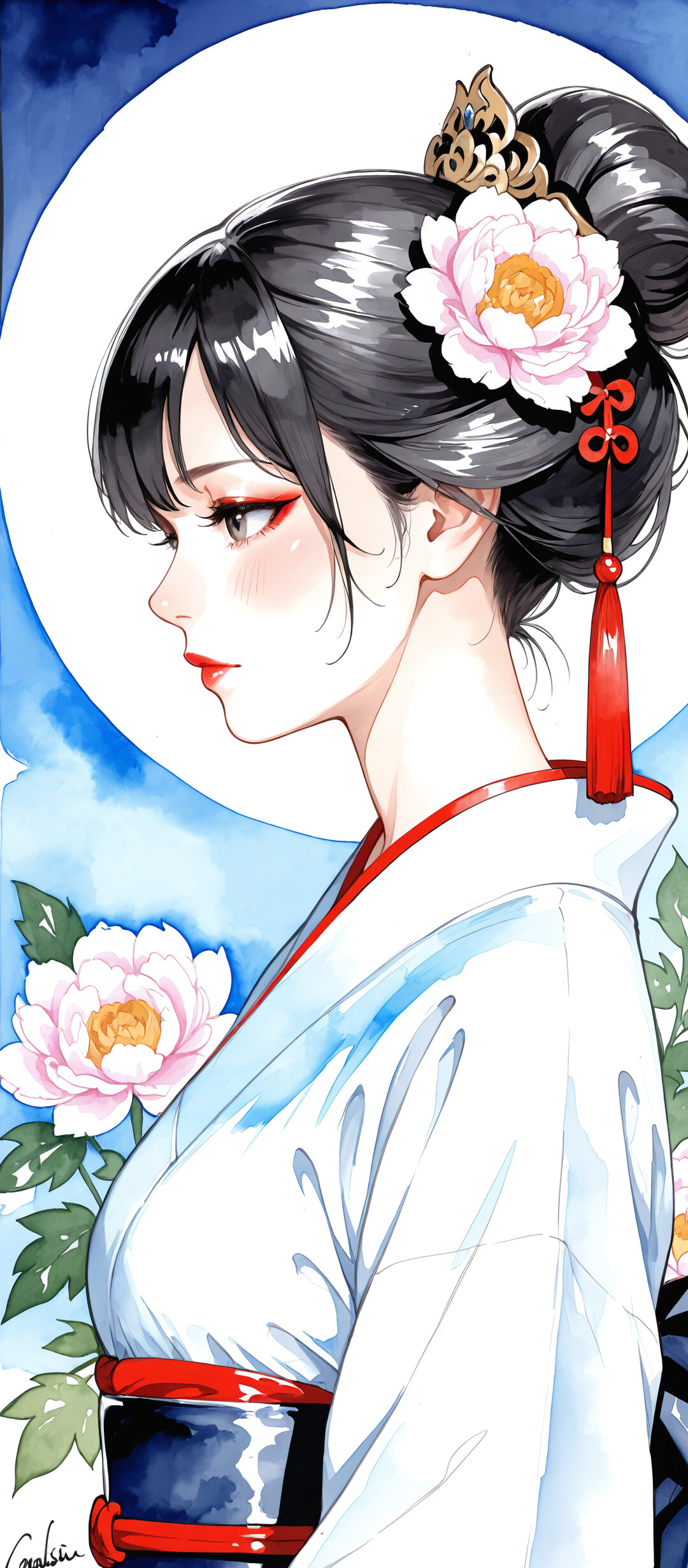 A profile portrait in a watercolor anime style of an East Asian woman with black hair in a bun, adorned with a white peony flower and a red tassel ornament. She wears a blue and white traditional robe and is set against a backdrop of a full moon and more peony flowers.