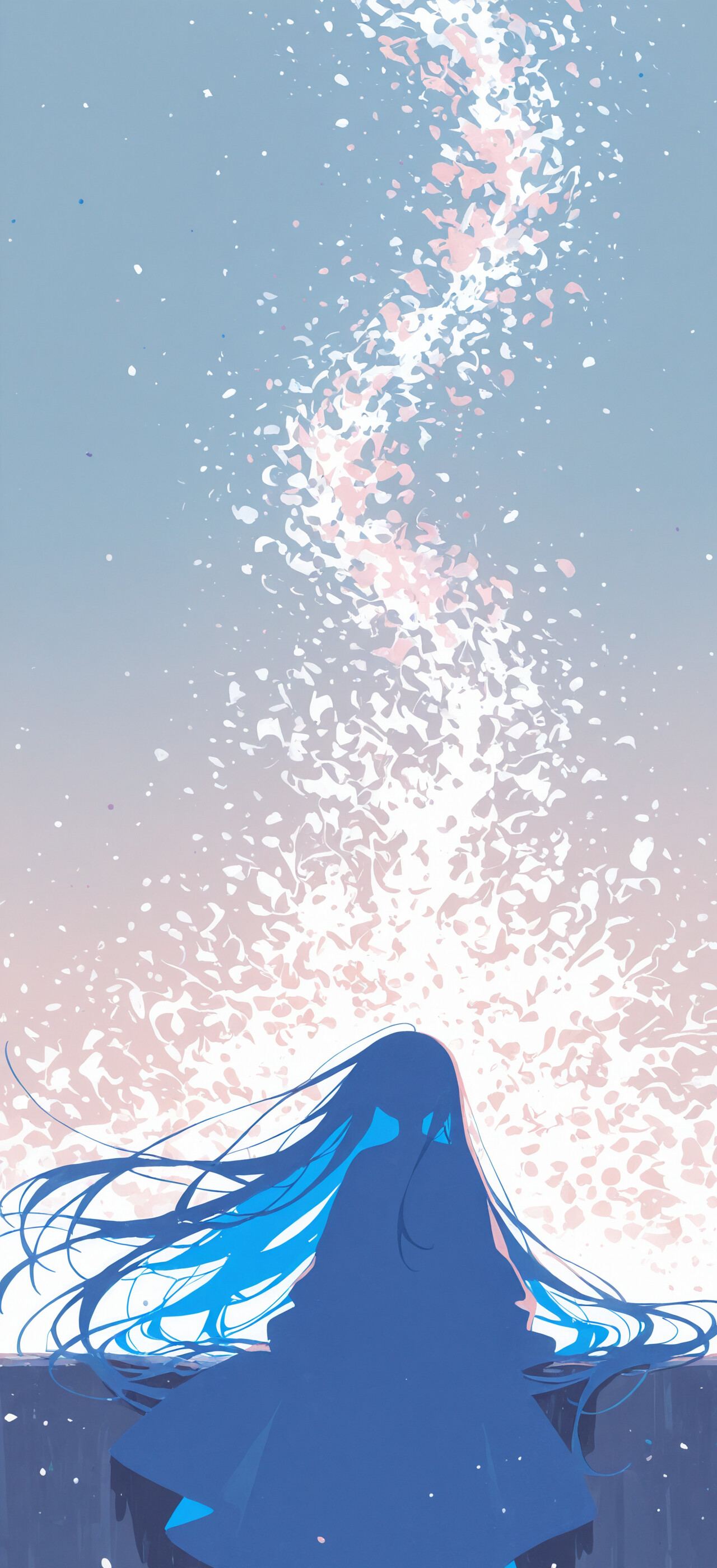 An anime-style illustration of a girl with long dark hair sitting in profile on a shore. She is looking towards a large, glowing white moon against a pastel pink and blue sky, with gentle waves at her feet.