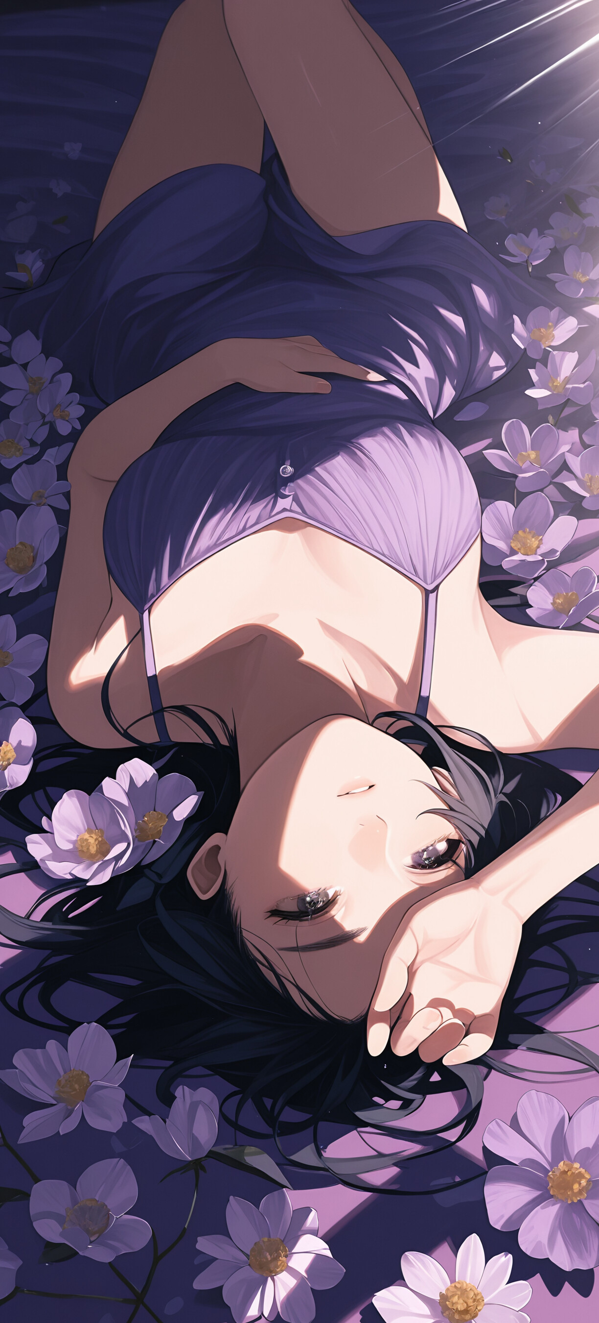 An anime-style illustration of a woman with long black hair lying on her back in a field of purple flowers, with sunlight casting distinct shadows over her.
