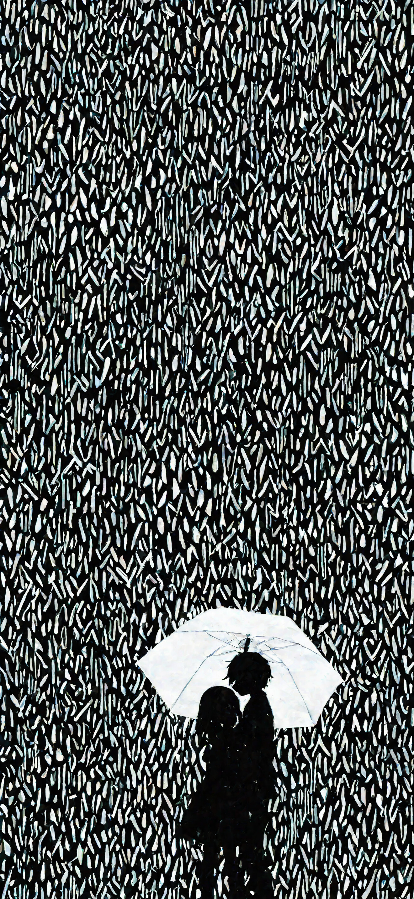 A black and white abstract artwork showing the silhouette of a couple hugging under a geometrically drawn umbrella during a rainstorm, created with intersecting white lines.
