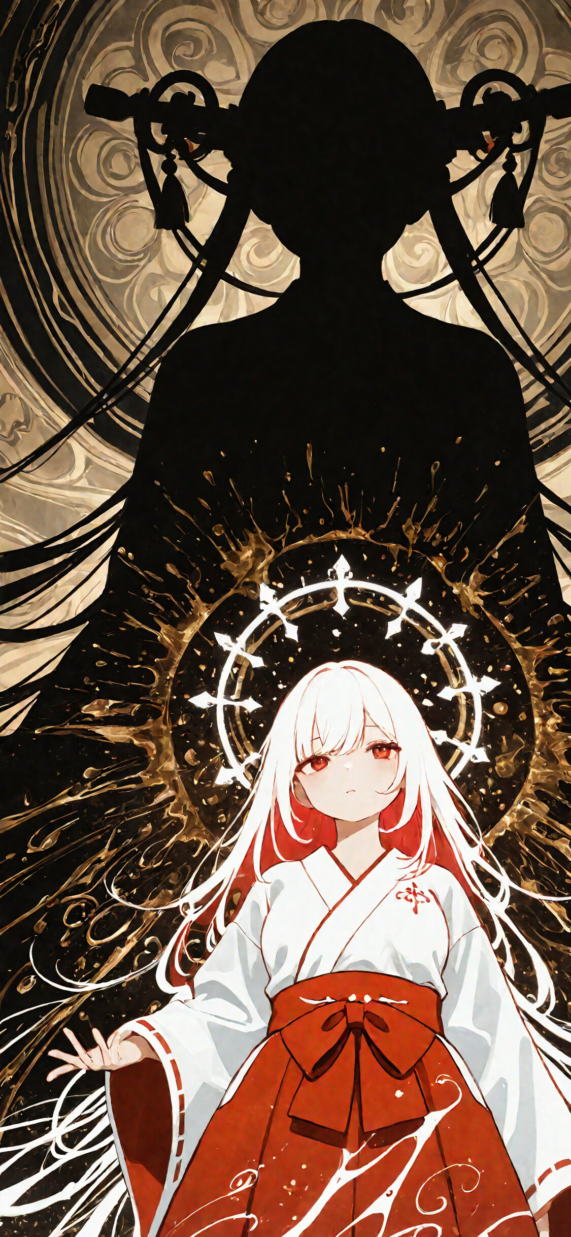 A silhouette of a miko in traditional grey and red robes standing before a radiant, exploding red sun and a golden celestial mandala in a dark sky.