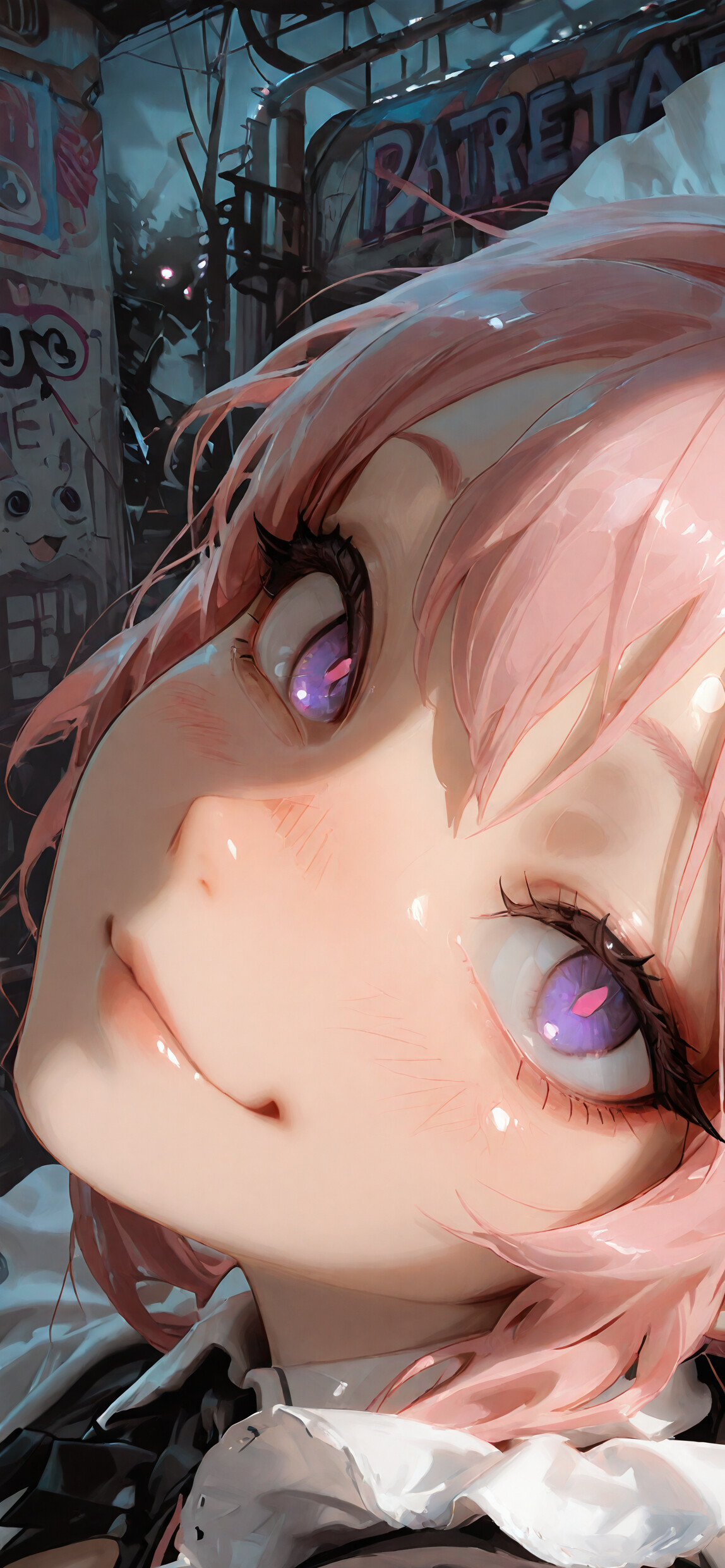 A close-up illustration of the anime character Astolfo with long pink hair and glowing purple eyes, wearing a maid headdress and smiling smugly against a dark background with graffiti.