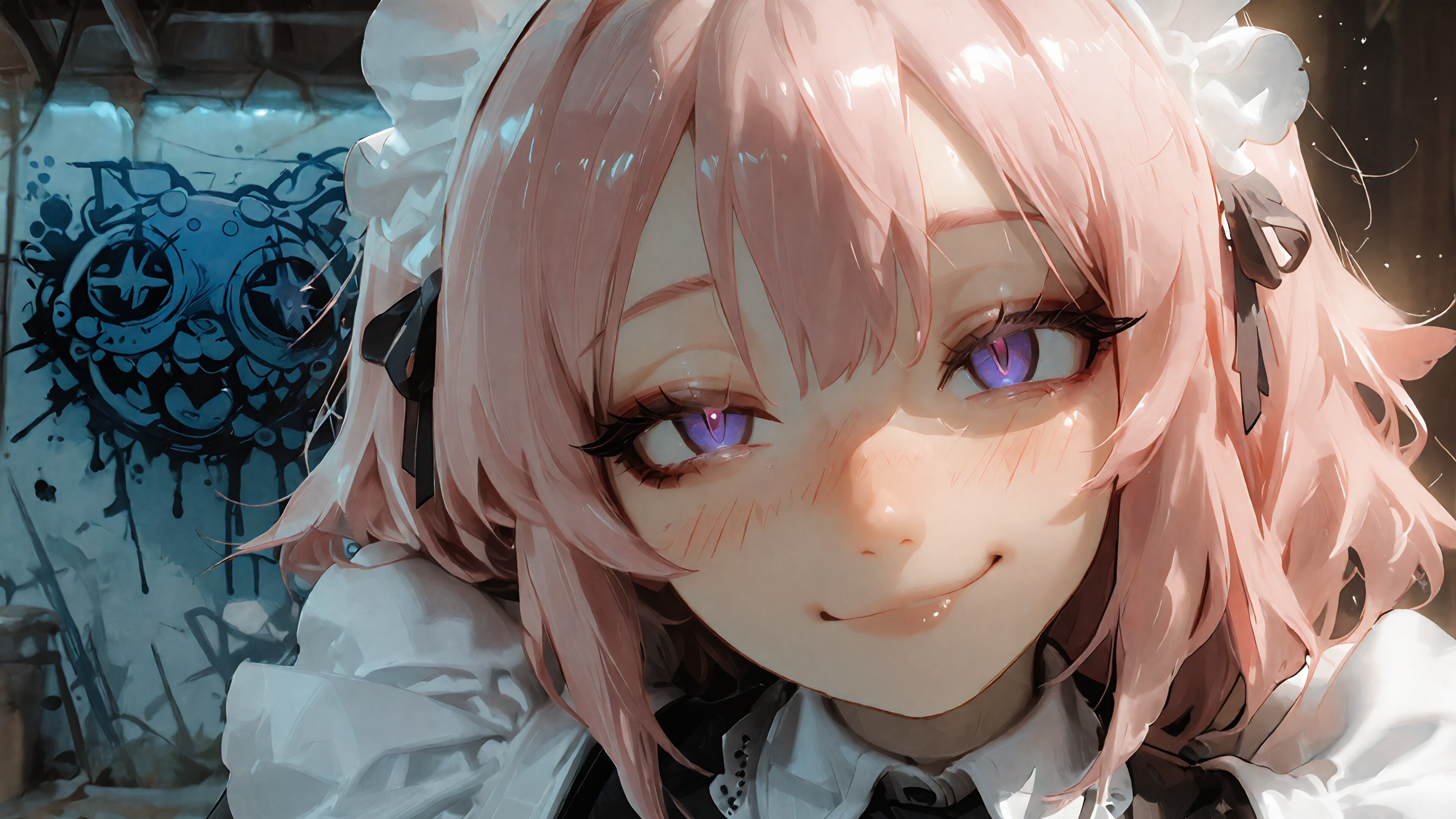 A close-up illustration of the anime character Astolfo with long pink hair and glowing purple eyes, wearing a maid headdress and smiling smugly against a dark background with graffiti.