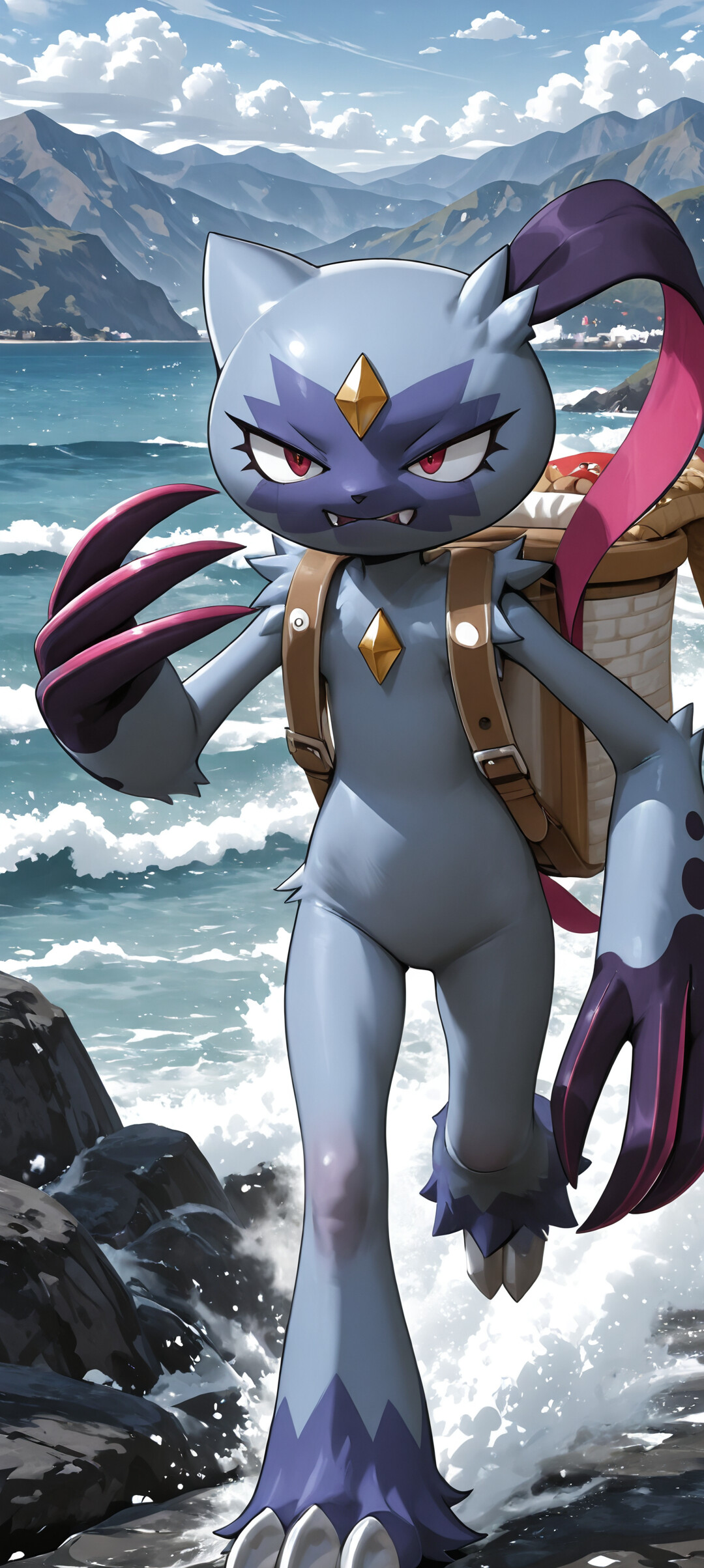 The Pokémon Sneasler, a slender purple creature with large claws, walks along a seaside path on a sunny day. It wears a backpack and carries a basket containing Poké Balls, with mountains and the ocean in the background.