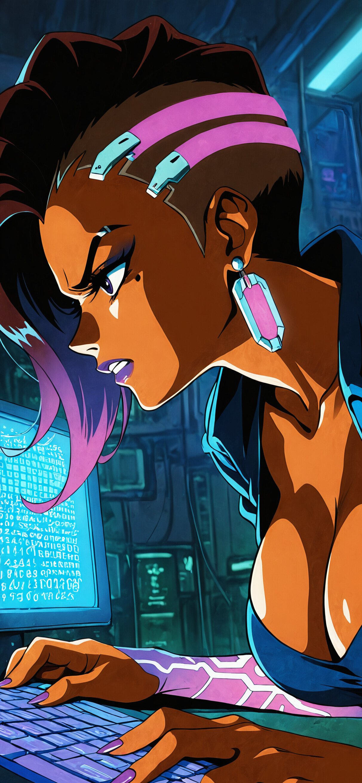 Sombra from Overwatch, a dark-skinned woman with purple and brown undercut hair, intensely types at a computer in a dark room filled with glowing blue screens in a retro 80s anime style.
