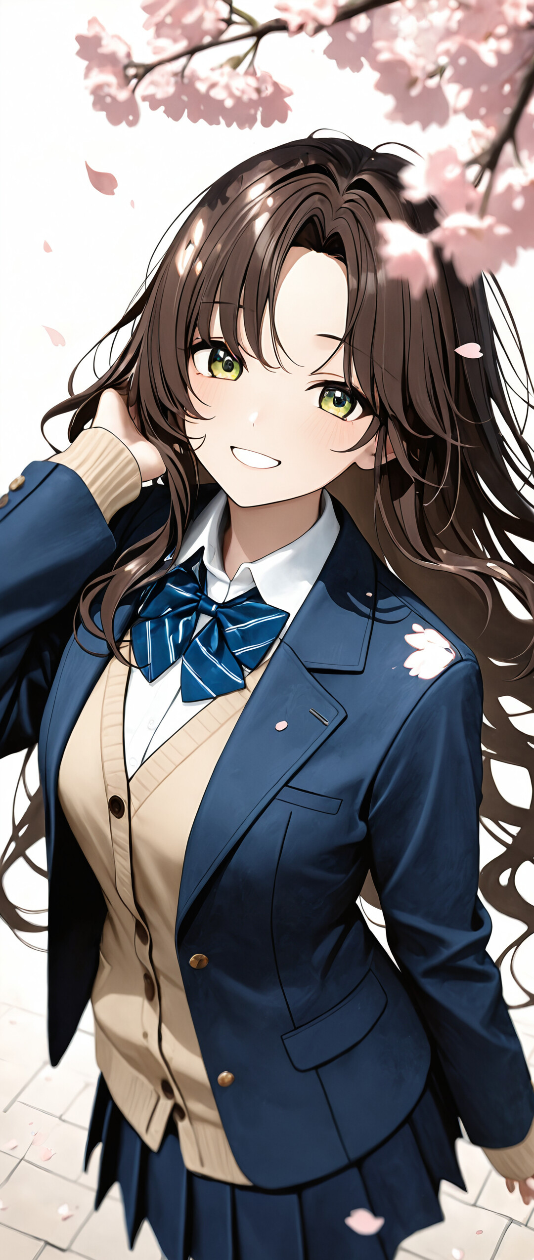 An anime girl with long brown hair and green eyes, wearing a blue school uniform, looks up and smiles while standing under cherry blossom trees with falling petals.