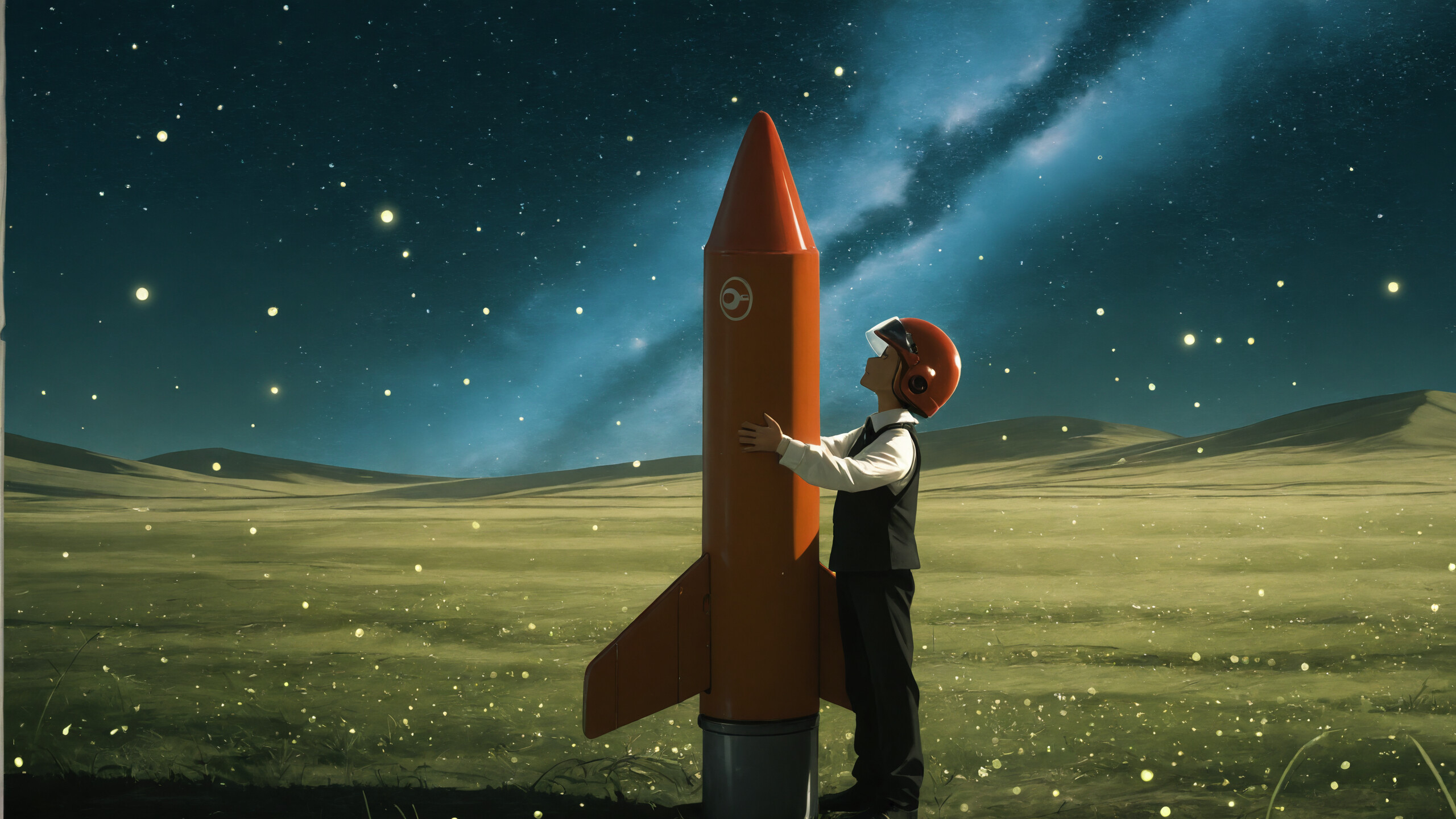 A young boy in a vintage pilot helmet and formal vest stands in a field at night, hugging a tall orange rocket. He gazes up at a sky filled with stars and shooting stars, while glowing lights dot the ground around him.