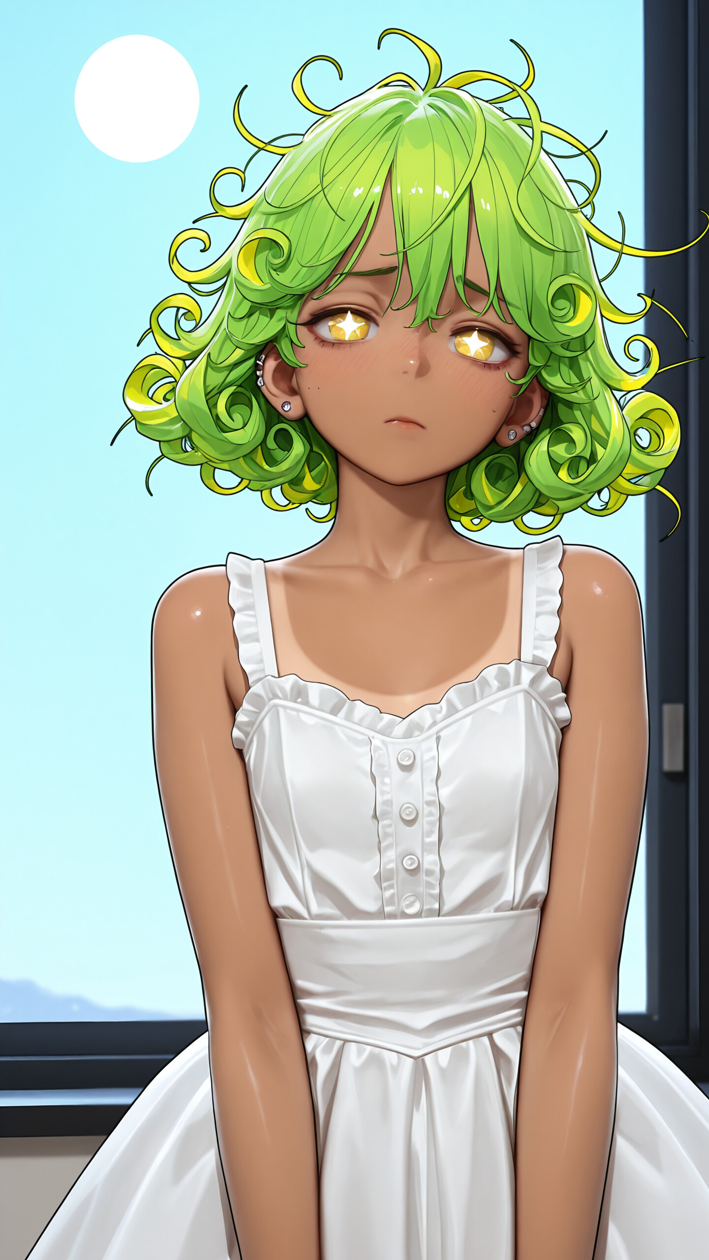 An anime character with short, curly lime-green hair, tan skin, and sad, golden eyes with star-shaped pupils, wearing a white dress and standing in front of a window at night with a full moon in the sky.