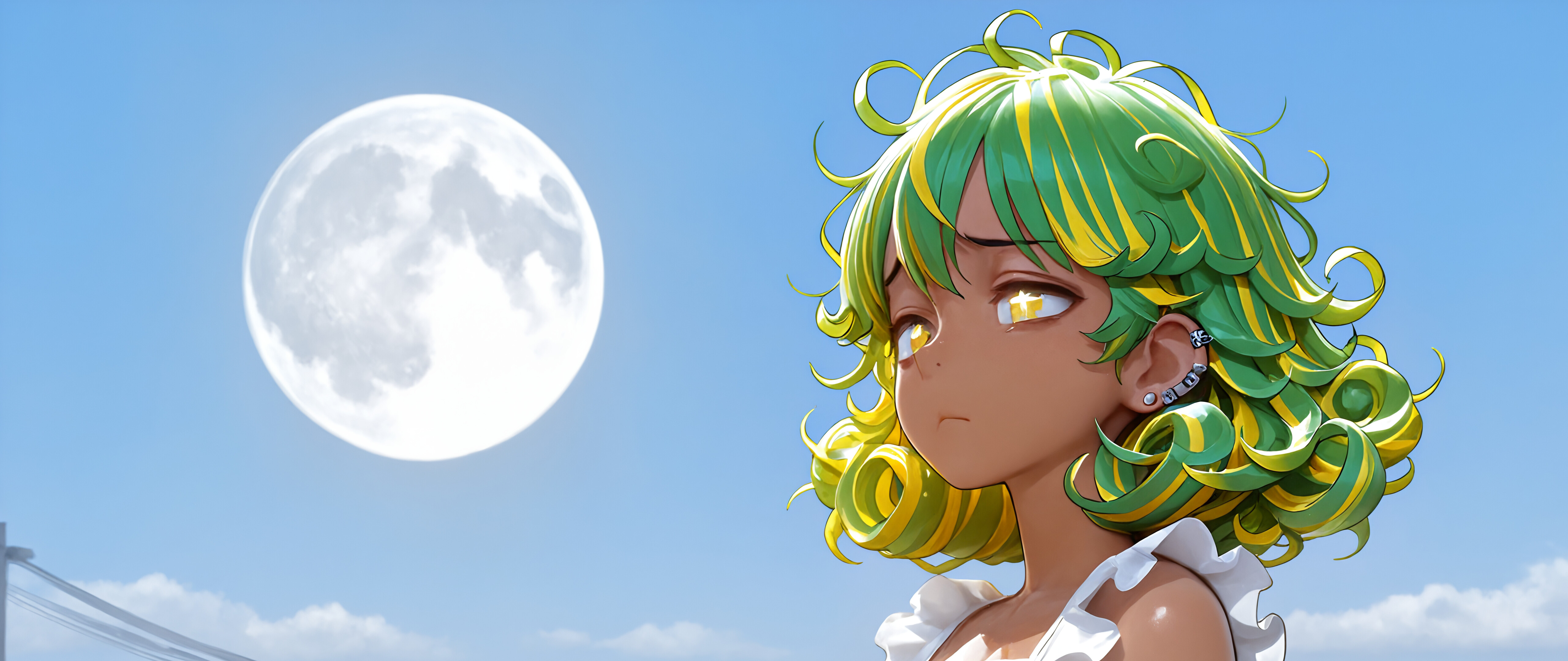 An anime character with short, curly lime-green hair, tan skin, and sad, golden eyes with star-shaped pupils, wearing a white dress and standing in front of a window at night with a full moon in the sky.