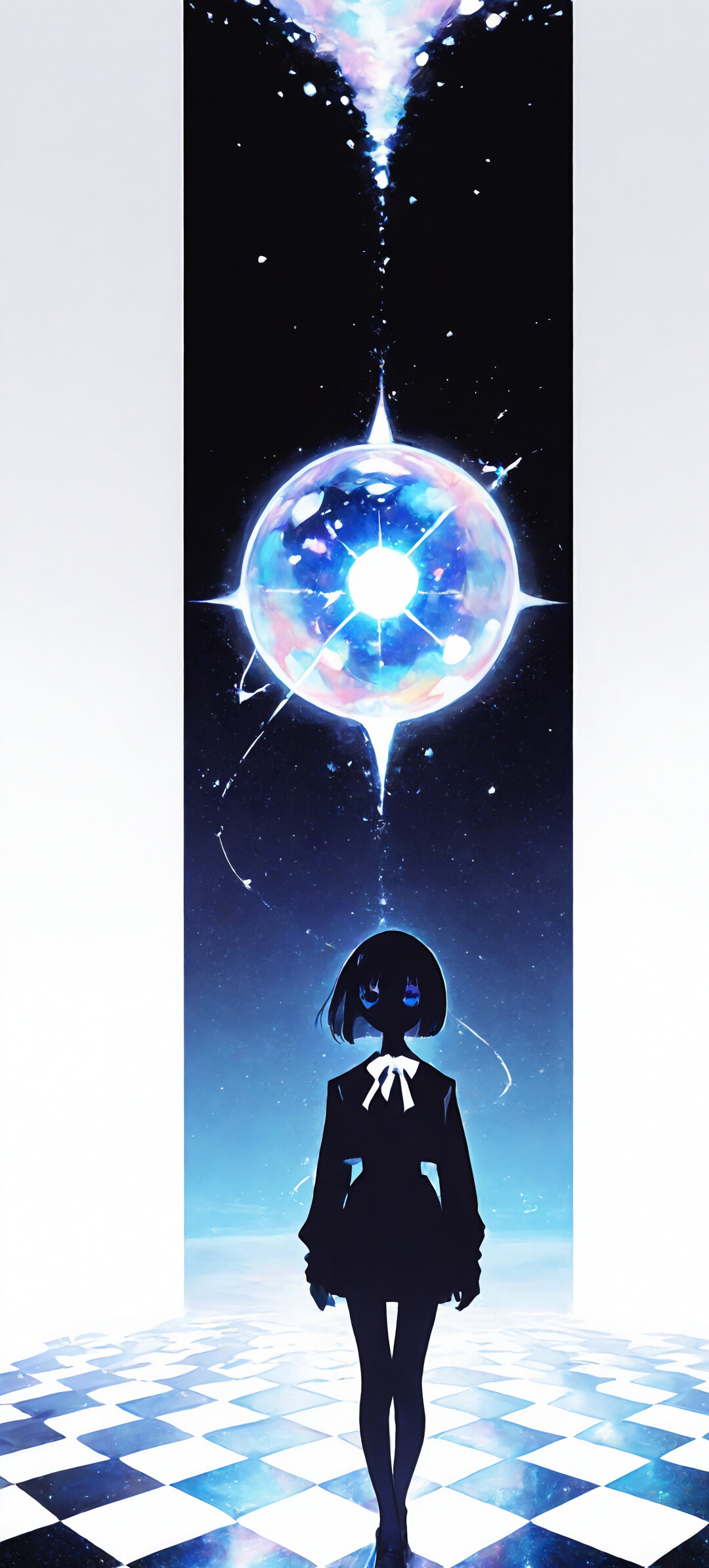An anime girl with short light-blue hair in a school uniform stands on a glowing checkerboard floor in a vast, dark space. Behind her, a bright celestial orb explodes with rays of light against a starry sky.