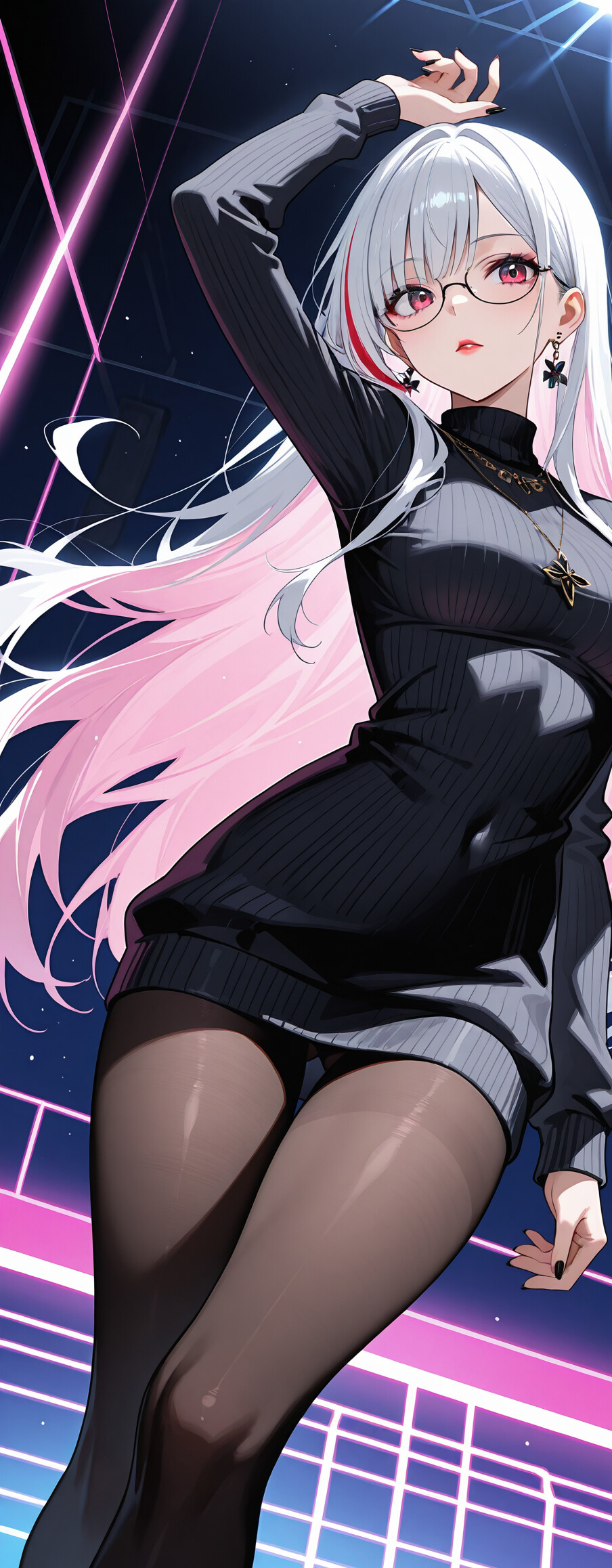 An anime girl with long white, blue, and purple ombre hair, purple eyes, and glasses, wearing an open black cardigan, a choker, and pantyhose against a background of glowing purple lines.