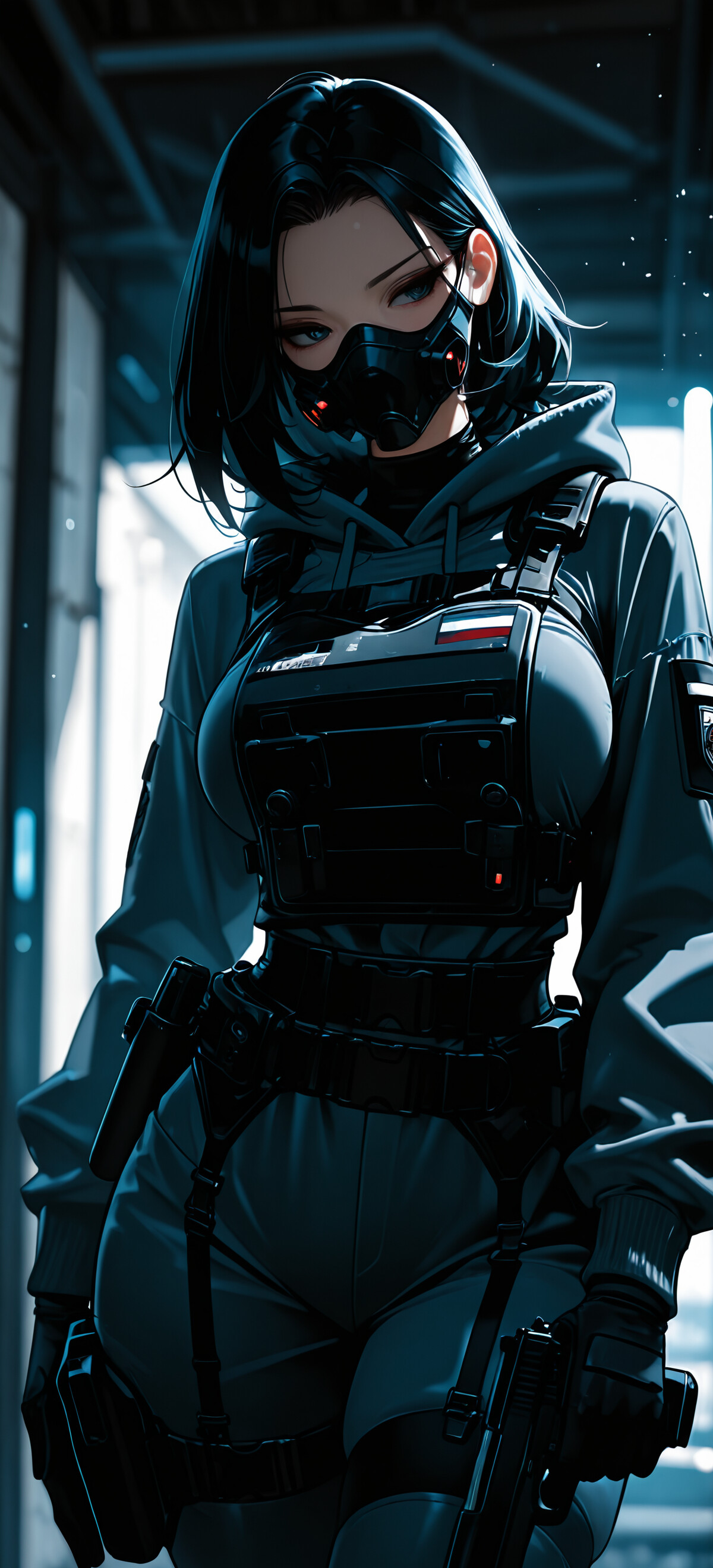 An anime-style female soldier in black tactical gear, including a mask and body armor, stands in a dark corridor, backlit by bright lights.