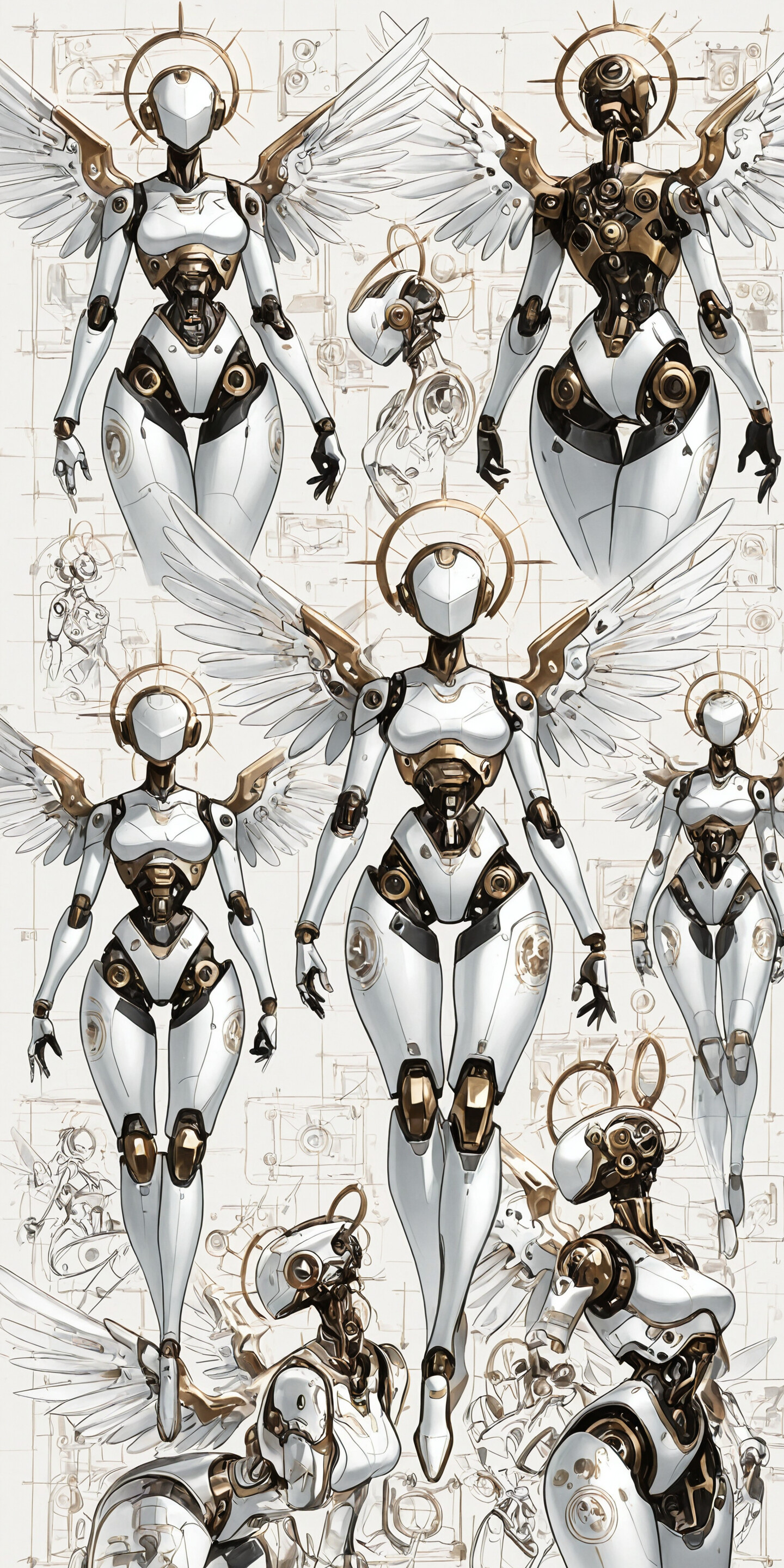 A concept art sheet showing four different views of a white and gold female robot with mechanical angel wings and a halo, set against a blueprint background.