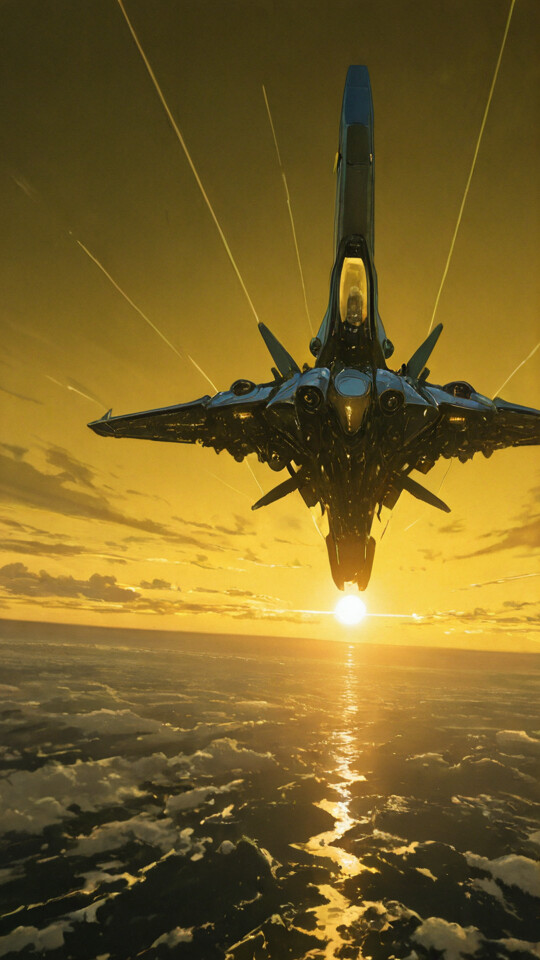 A futuristic, golden metallic fighter jet-style spaceship flies high above a planet's cloud layer during a brilliant sunrise.