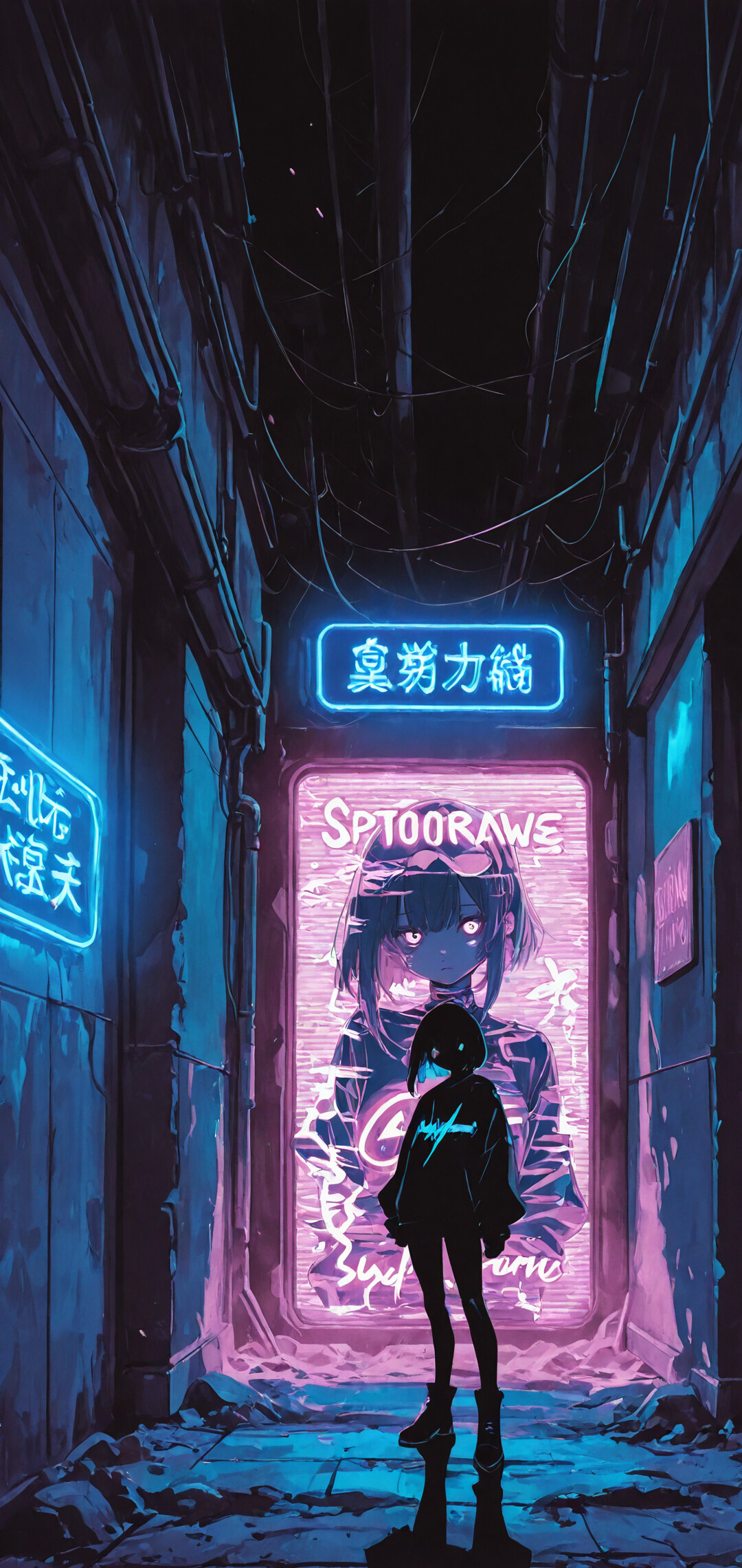 An anime-style illustration of a girl in a hoodie standing from behind in a dark, futuristic alley. She is looking at a large pink neon sign that says 'STROBERAVE' while a blue neon sign with Japanese characters glows to her left.