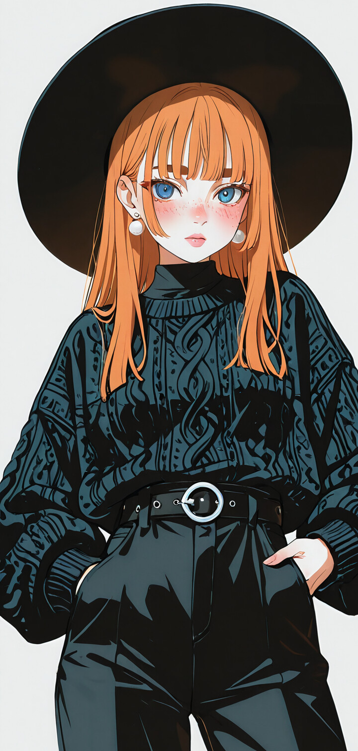 An anime-style illustration of a girl with long orange hair and blue eyes, wearing a large black hat, an oversized dark blue knit sweater, and black high-waisted pants. She is posing with one hand in her pocket.