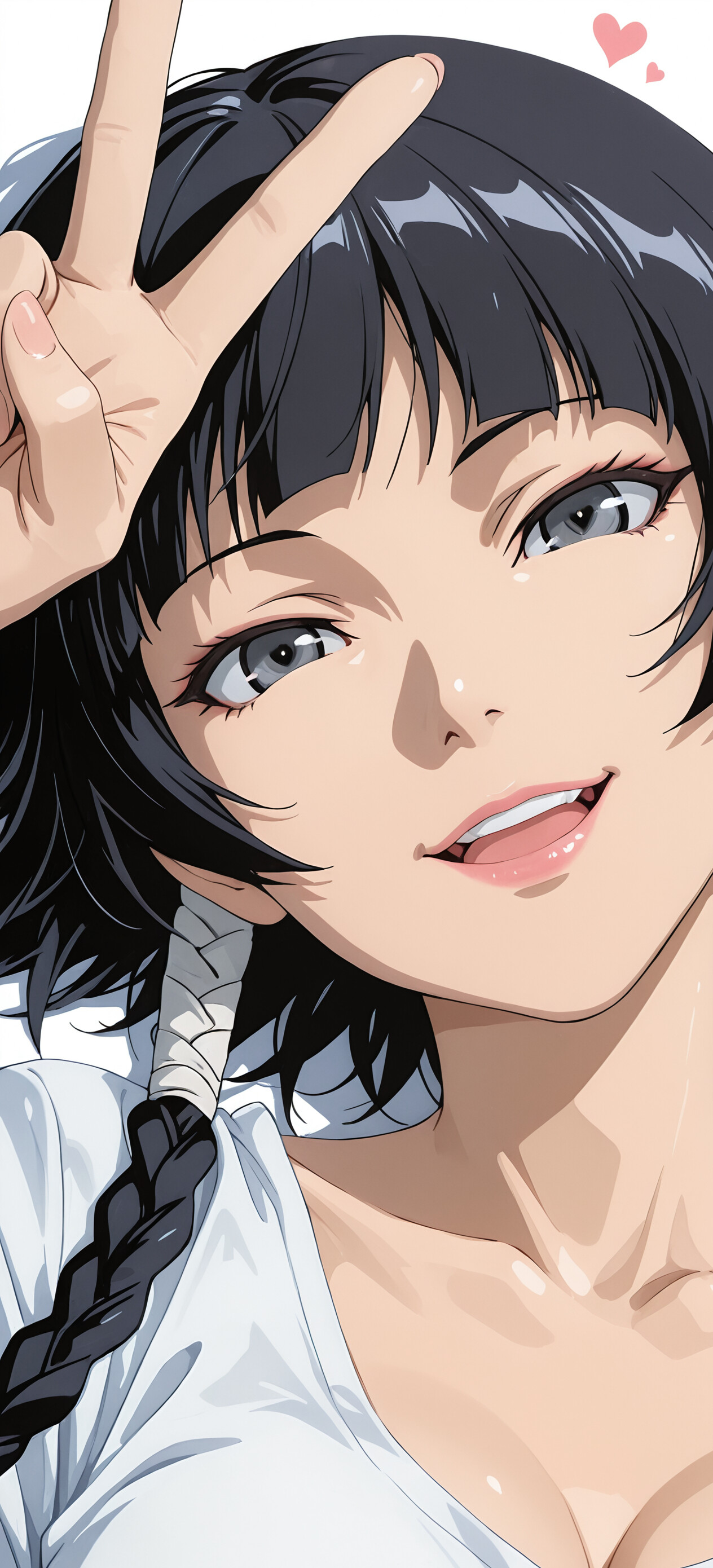 An anime portrait of Sui-Feng from Bleach with black braided hair and grey eyes, smiling and making a peace sign in front of her face while wearing a white t-shirt against a white background.