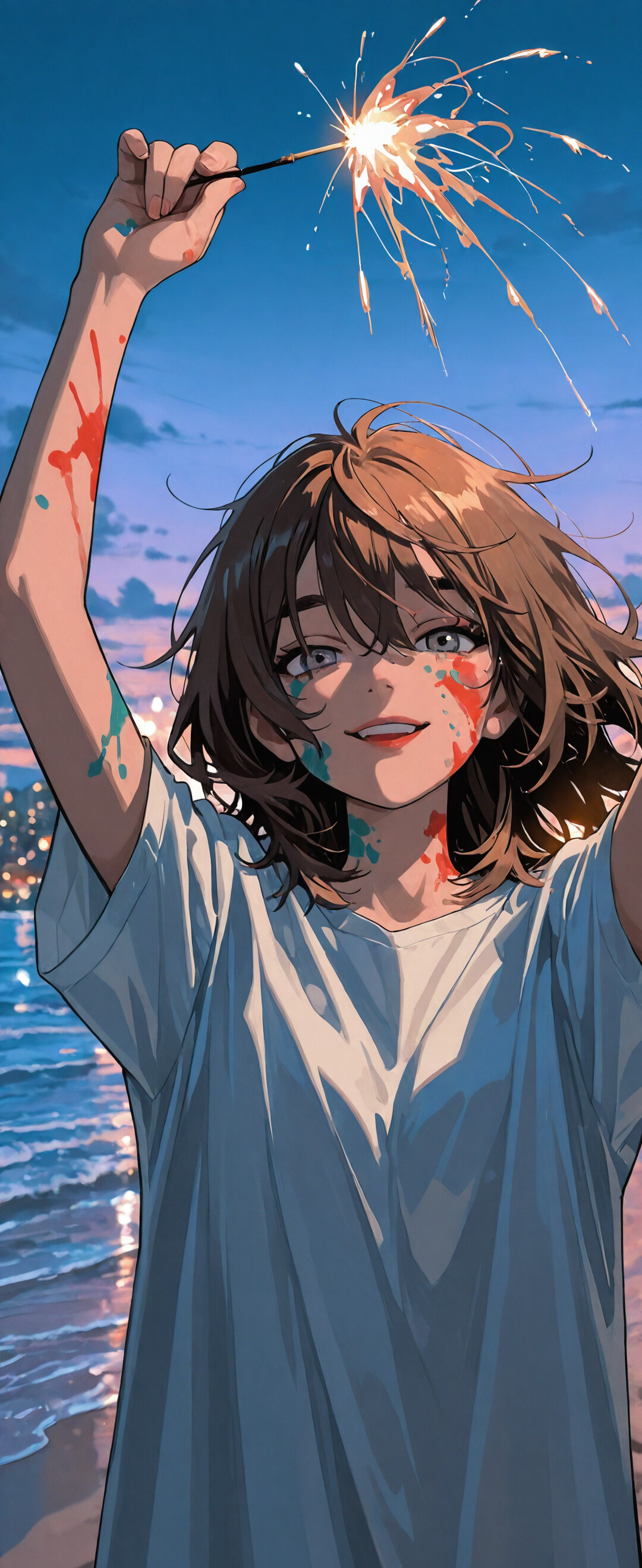 A young woman with brown hair and colorful face paint holds a lit sparkler above her head on a beach at dusk, with the sea and a city skyline in the background.