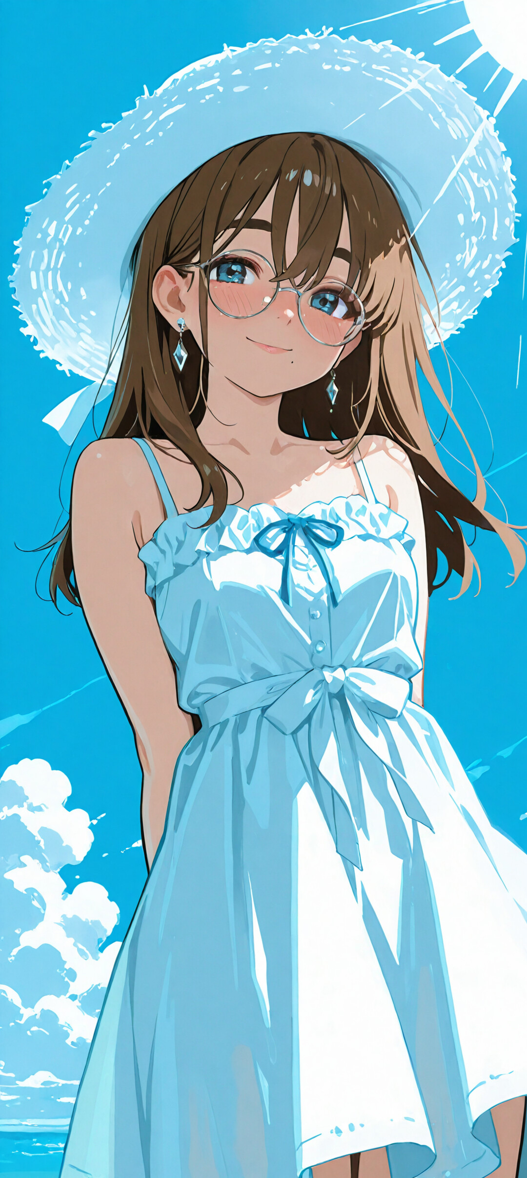 An anime-style girl with long brown hair, blue eyes, and round glasses, wearing a white sun hat and a light blue summer dress, smiling against a backdrop of a bright blue sky with clouds.