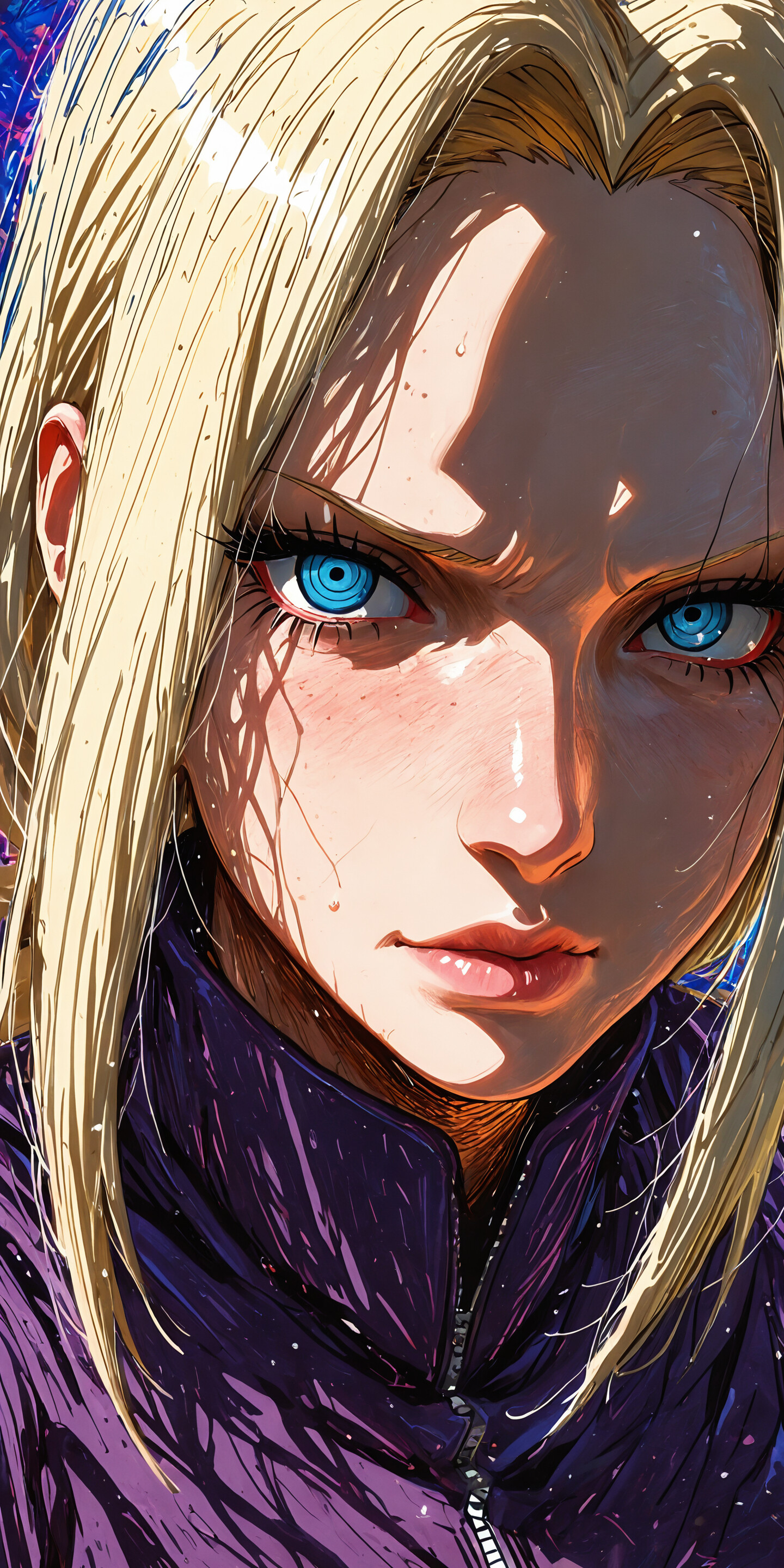 A hyper-detailed close-up illustration of a woman's eye. She has vibrant purple hair falling over her face, and her green eye is framed by long black lashes. Dappled light casts intricate shadows across her skin.