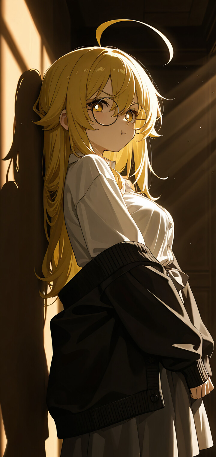 An anime girl with long blonde hair and round glasses leans against a wall in a dark room. She is lit by a strip of warm sunlight, looking over her shoulder with a pout.