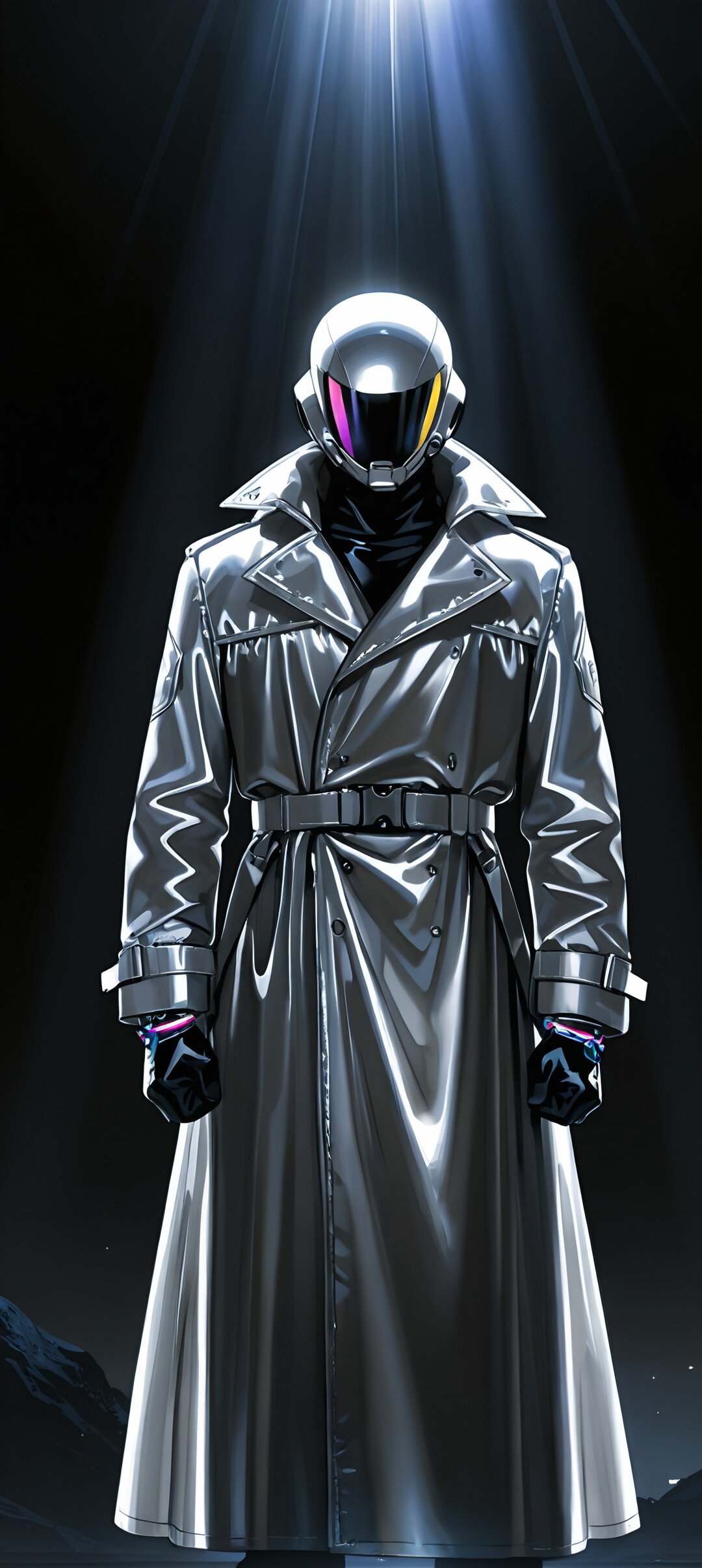 Back view of the anime character Sung Jinwoo from Solo Leveling, standing alone in a dark space under a dramatic white spotlight, wearing a long black trench coat.