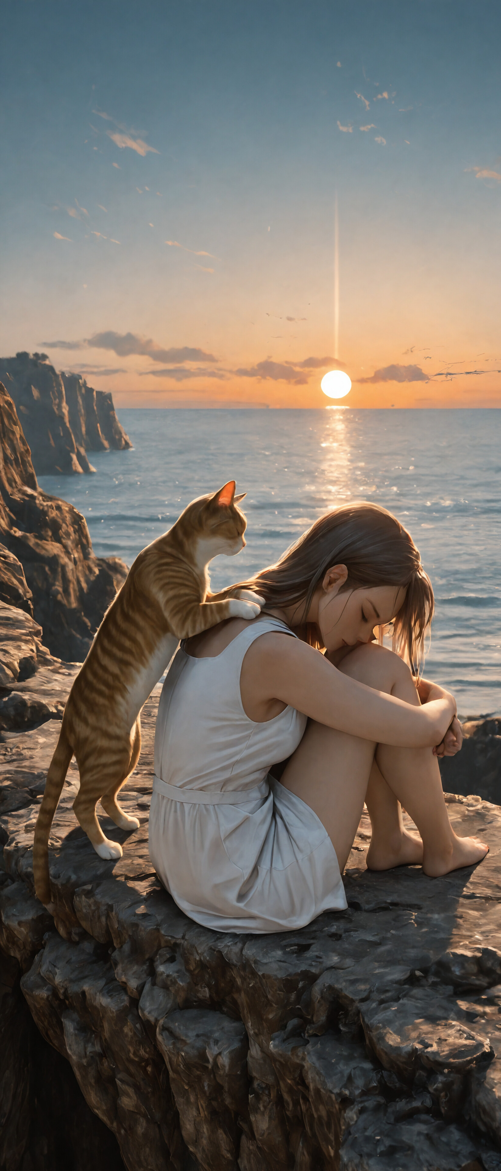 A young woman with brown hair sits on a cliff by the sea at sunset, her eyes closed. A tabby cat sits next to her, reaching a paw towards her leg.