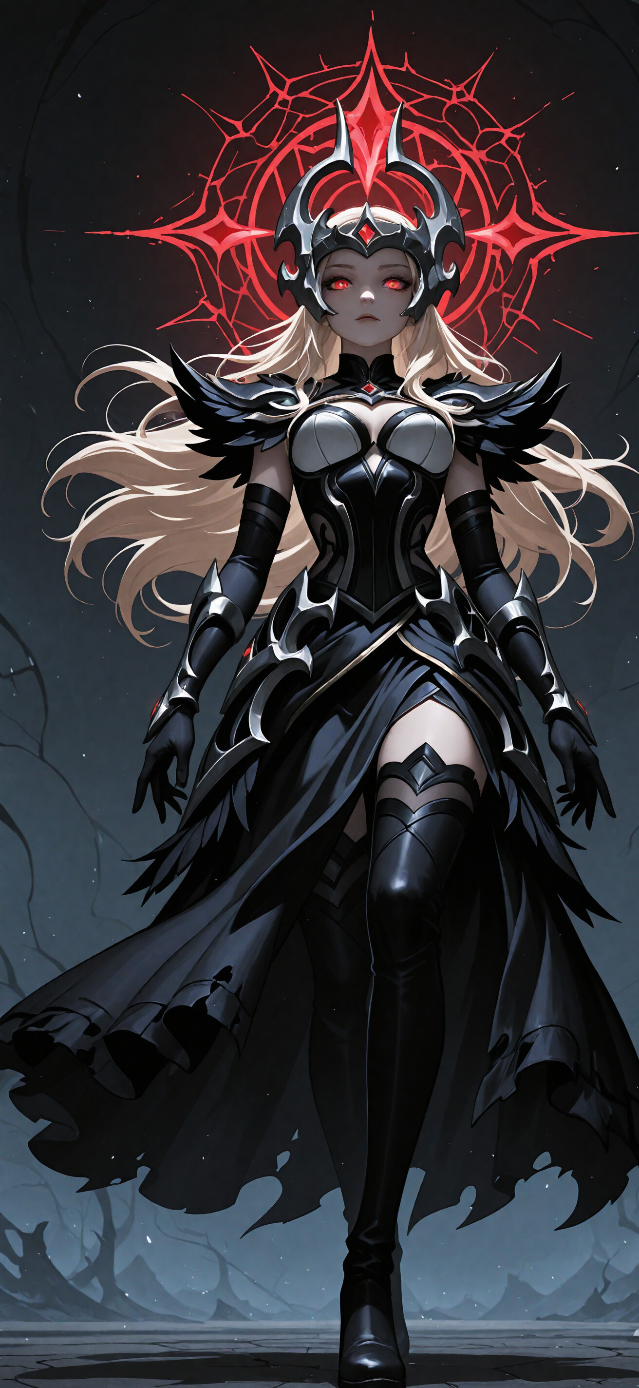 Full-body portrait of Syndra from League of Legends as a gothic empress. She has blonde hair, glowing red eyes, and wears ornate black and silver armor with a large headdress, standing before a glowing red symbol.