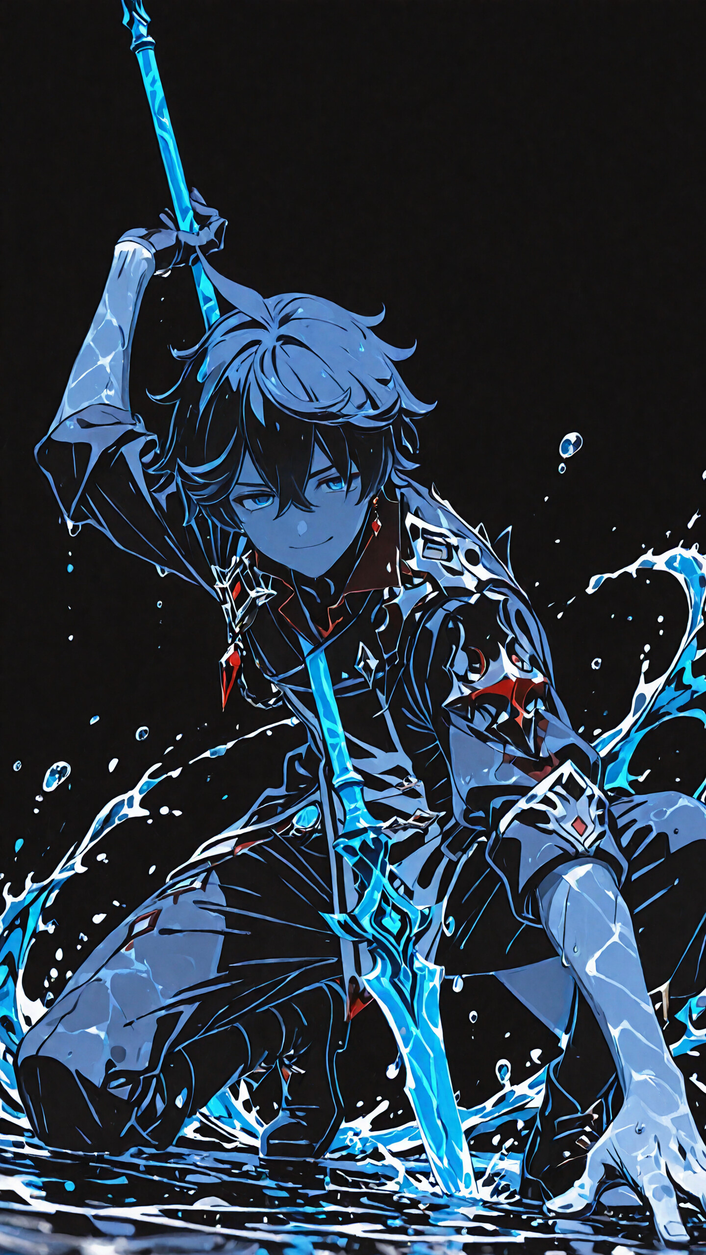 An anime-style illustration of the character Tartaglia 'Childe' from Genshin Impact, crouching in a fighting stance on a black background. He holds a glowing blue water polearm and touches the watery ground, surrounded by blue splashes and droplets.