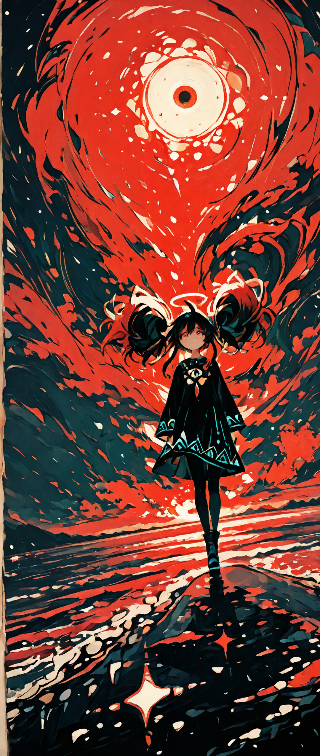An anime-style illustration of a young woman named Taru with large, reddish-brown pigtails and a red halo. She stands in dark, turbulent water, wearing a detailed black and gold robe. The background is a swirling vortex of red and white above dark mountains.