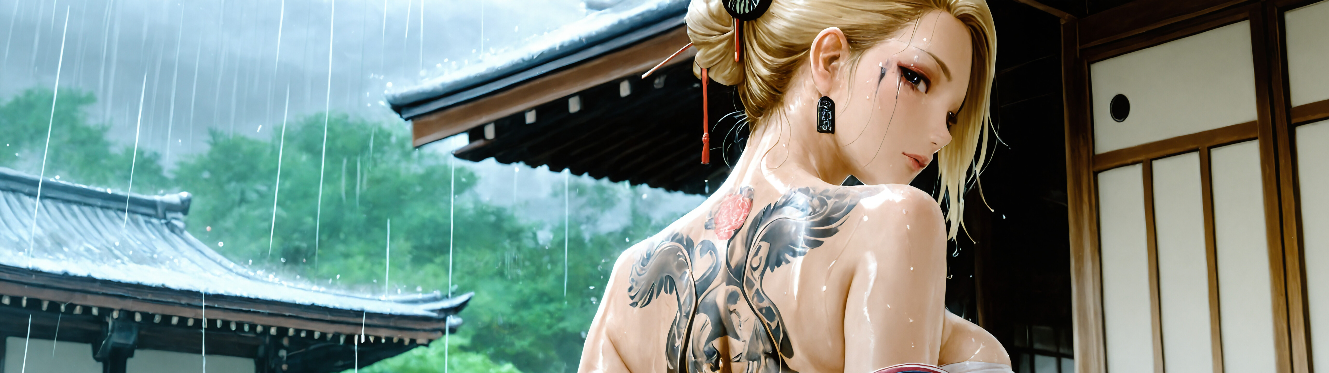 A realistic digital illustration of a blonde woman with her back to the viewer, looking over her shoulder in the rain. She has a flower and a mask tattooed on her back and is wearing an open kimono over a sarashi.