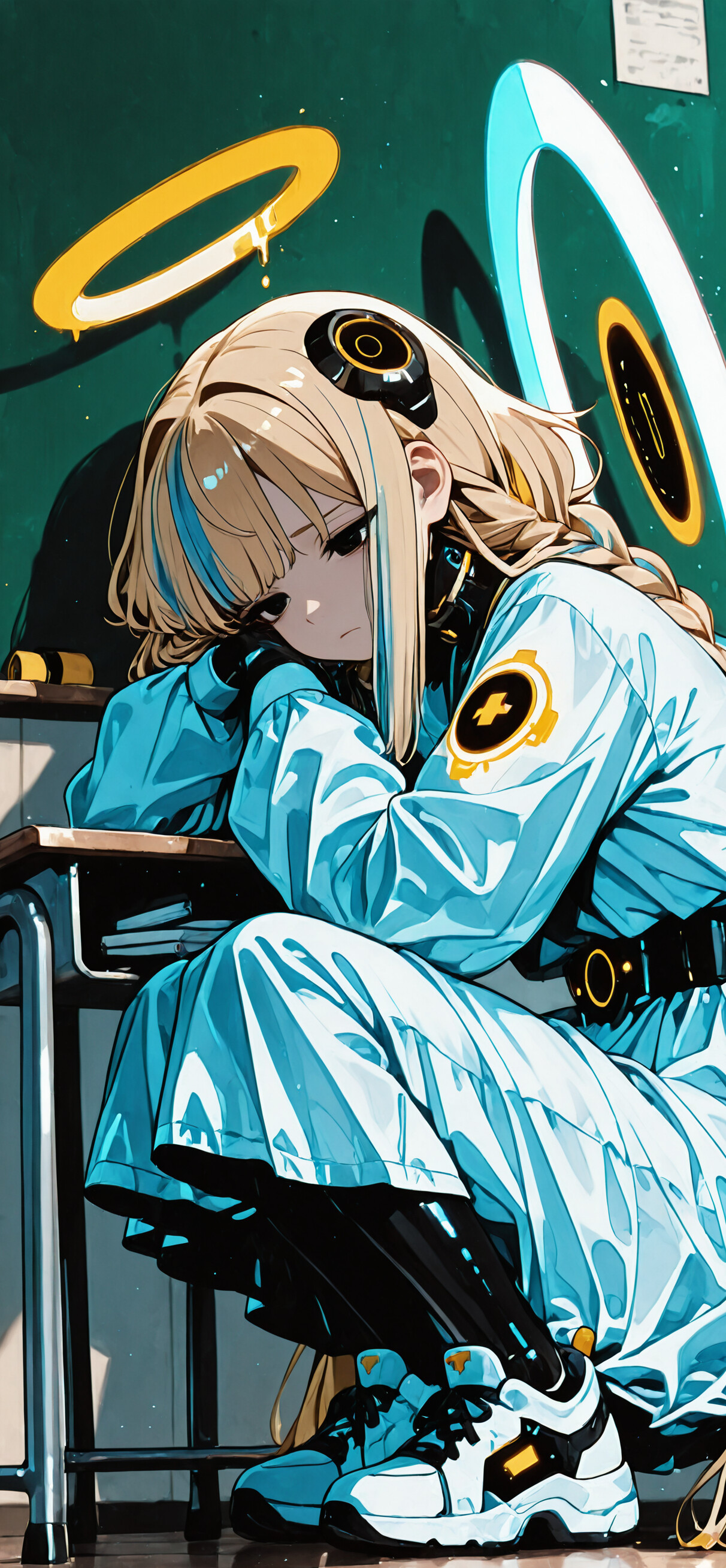 An anime illustration of Tendou Arisu from Blue Archive sitting on the floor in a dark classroom. She has long, blonde braided twintails, a glowing halo, and a sad expression, wearing a futuristic blue jumpsuit and sneakers.
