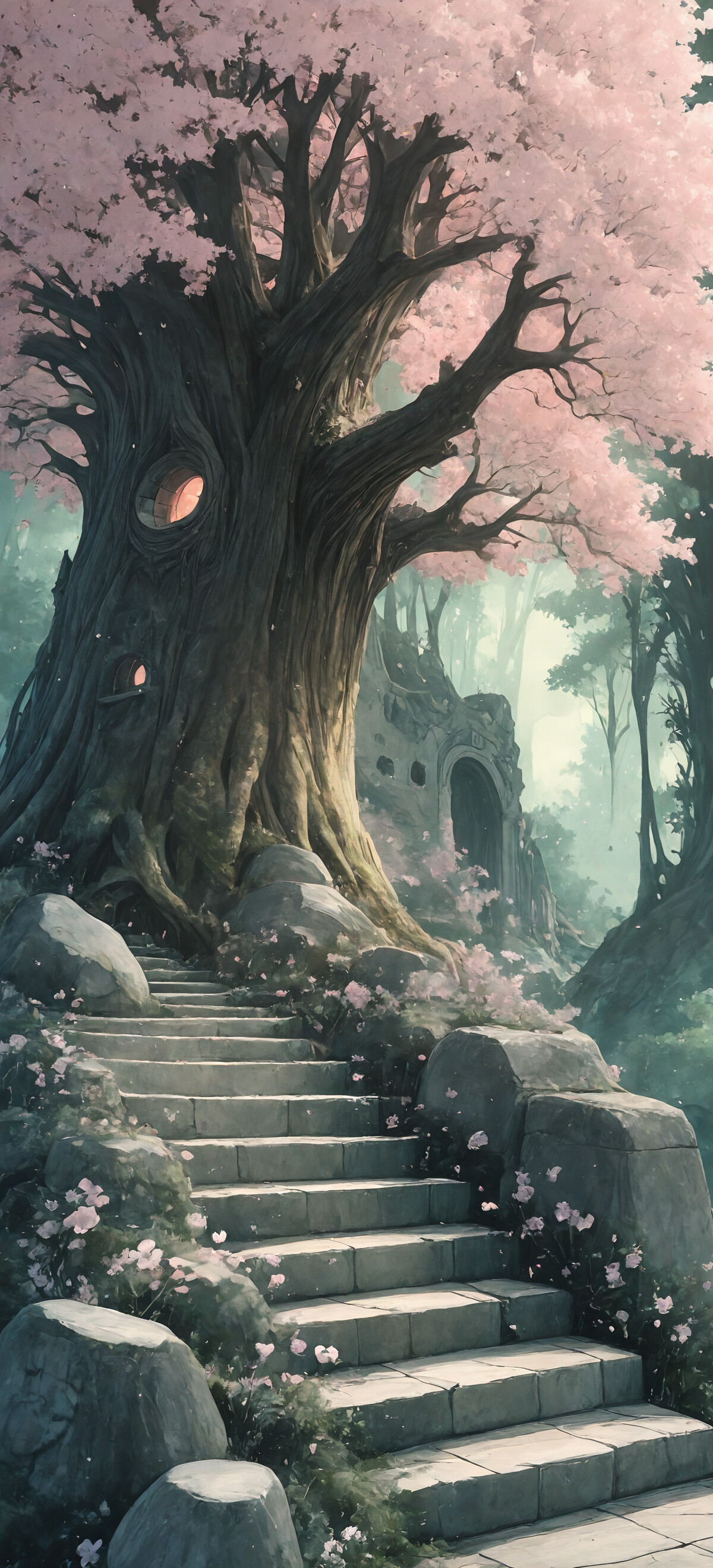 A winding stone staircase leads up to a stone archway built into the base of a massive, ancient tree with pink cherry blossoms, set in a mystical forest.