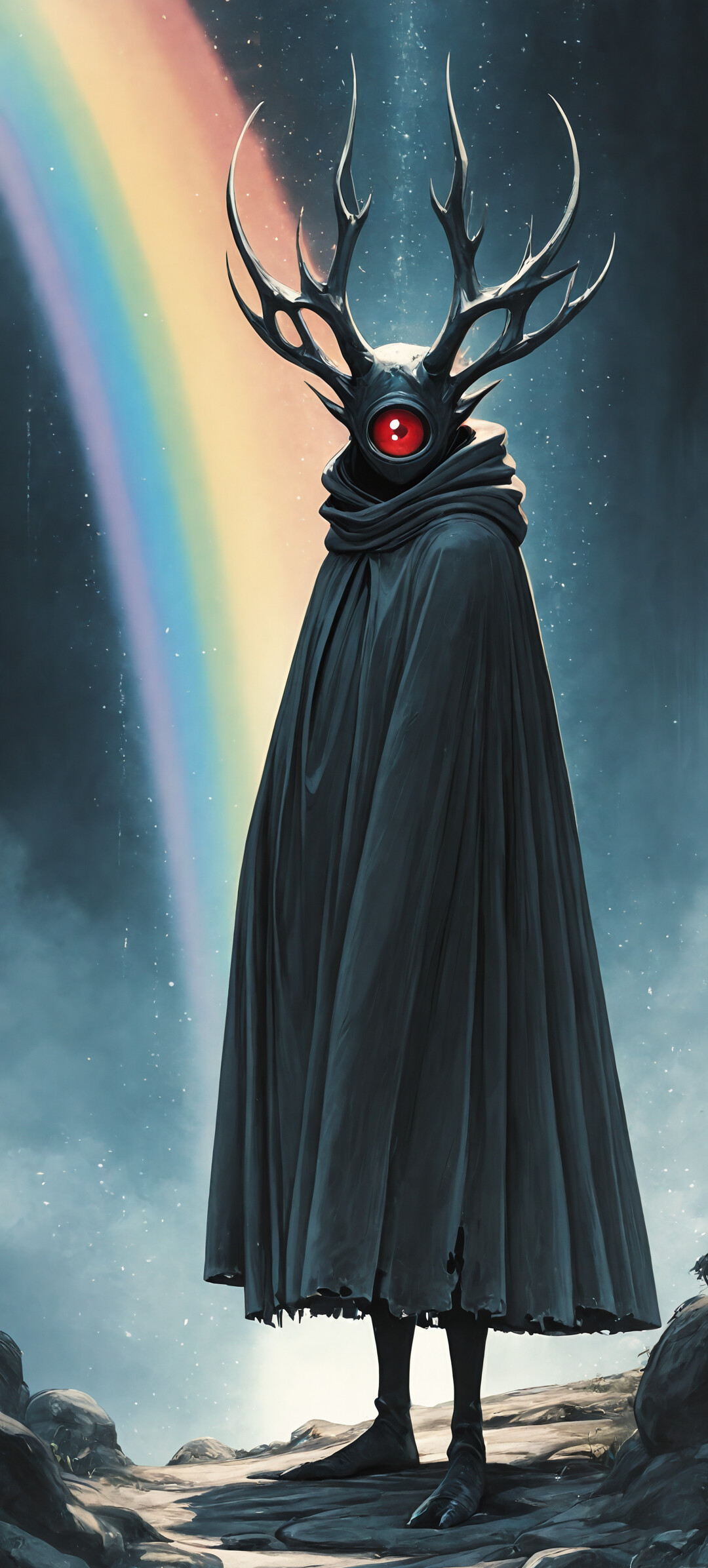 A tall, mysterious figure in a dark, hooded cloak with large antlers stands before a glowing celestial halo. The figure has a single, large red eye and is holding its hands together.