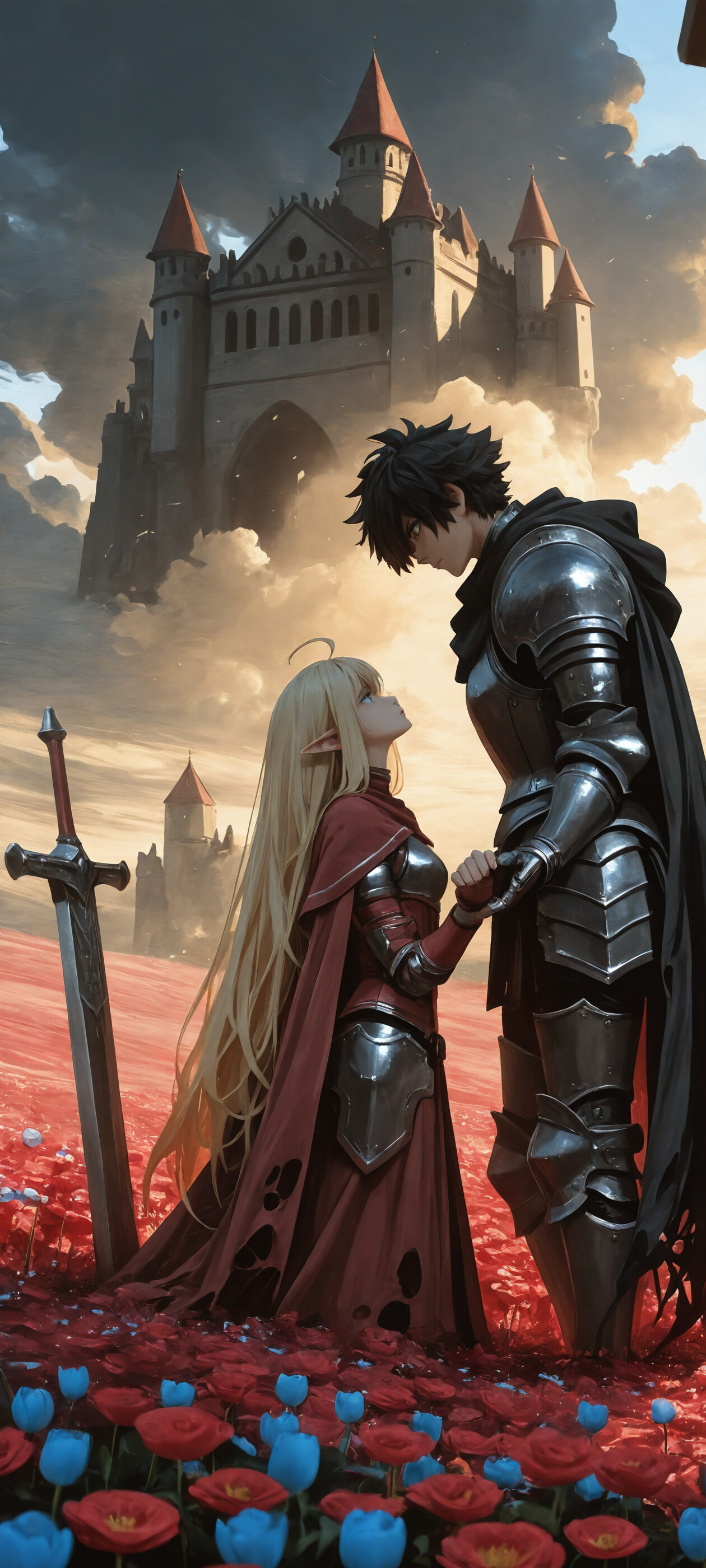 A fantasy illustration of a tall, black-haired male knight in dark armor holding hands with a blonde elven woman in silver armor. They stand in a field of blue tulips, looking at each other, with a castle in the background under a sunset sky.