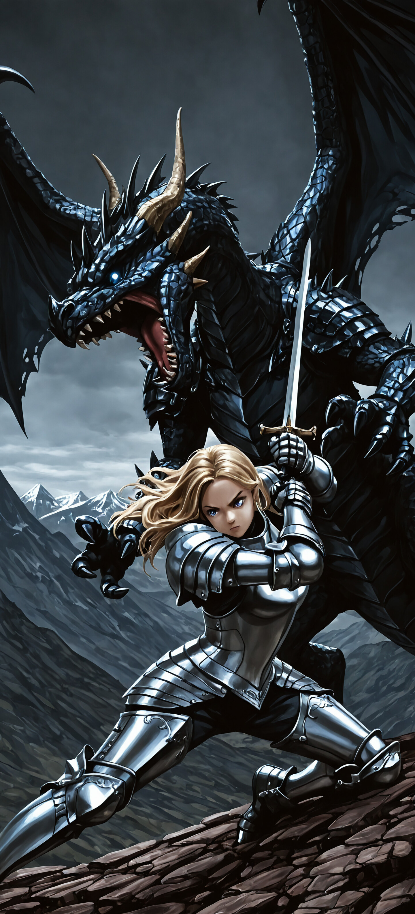 An anime-style illustration of a young blonde female knight in full silver armor holding a sword, standing next to a large, fierce black dragon in a mountainous region.