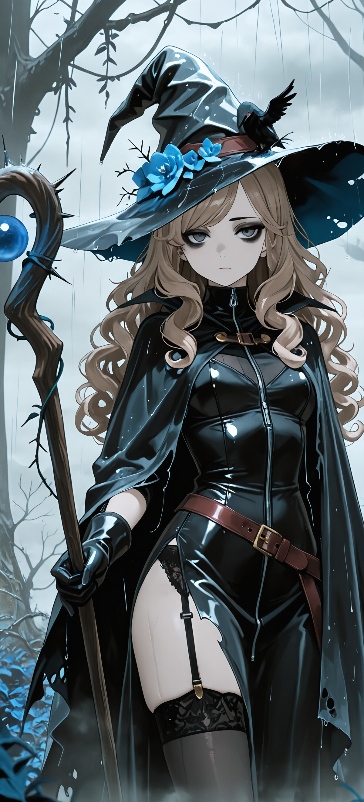 A full-body illustration of a young anime witch with long blonde hair and grey eyes. She wears a black witch hat with blue roses, a form-fitting black dress, and a cloak, while holding a wooden staff in a dark, rainy forest.