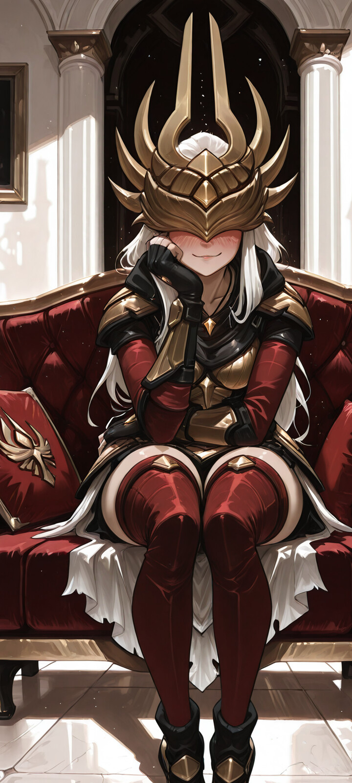 An anime-style goddess with long white hair and a golden crown covering her eyes sits on a red couch, blushing and smiling coyly while wearing ornate red and gold armor.