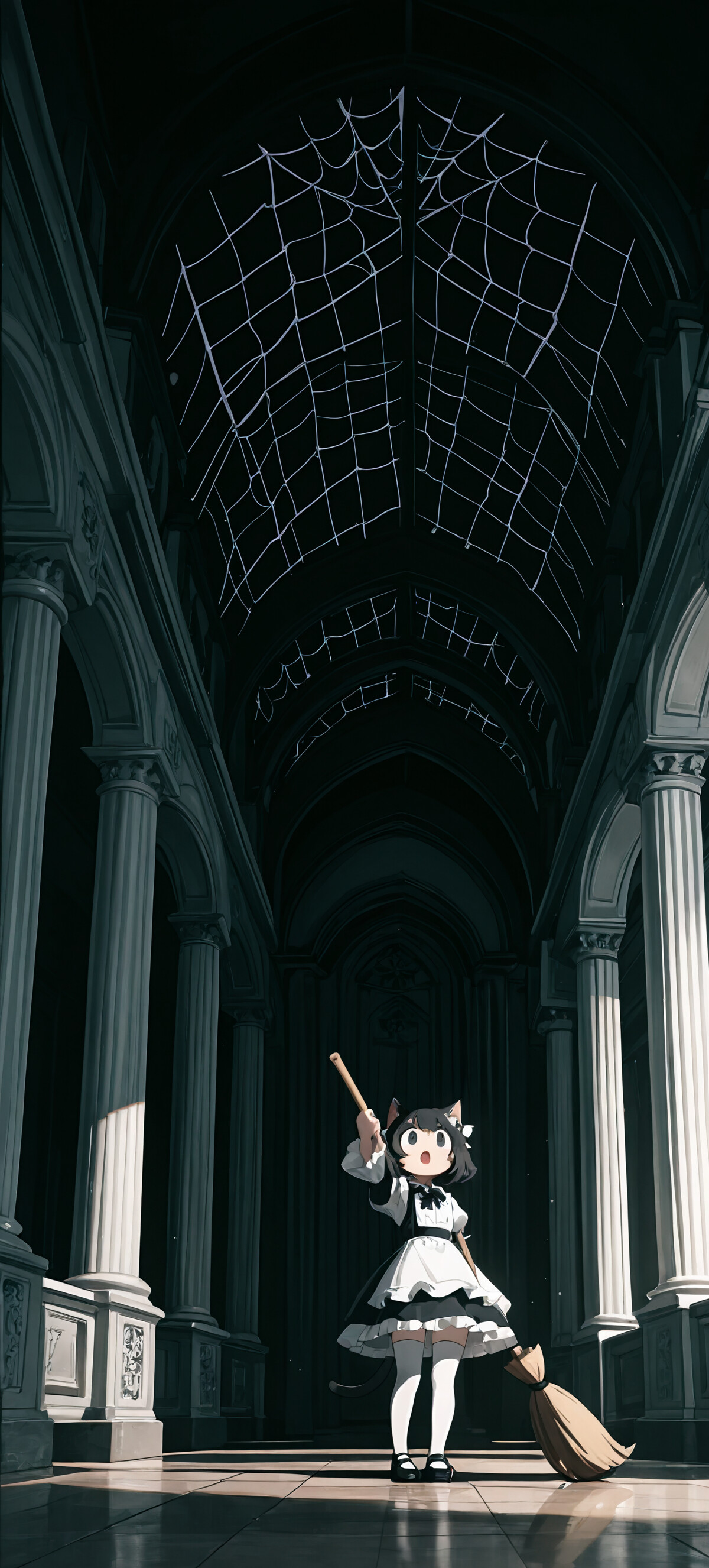 An anime catgirl in a maid outfit stands in the middle of a vast, dark, and dusty gothic hall, holding a broom and looking up in surprise at a giant spiderweb on the ceiling.