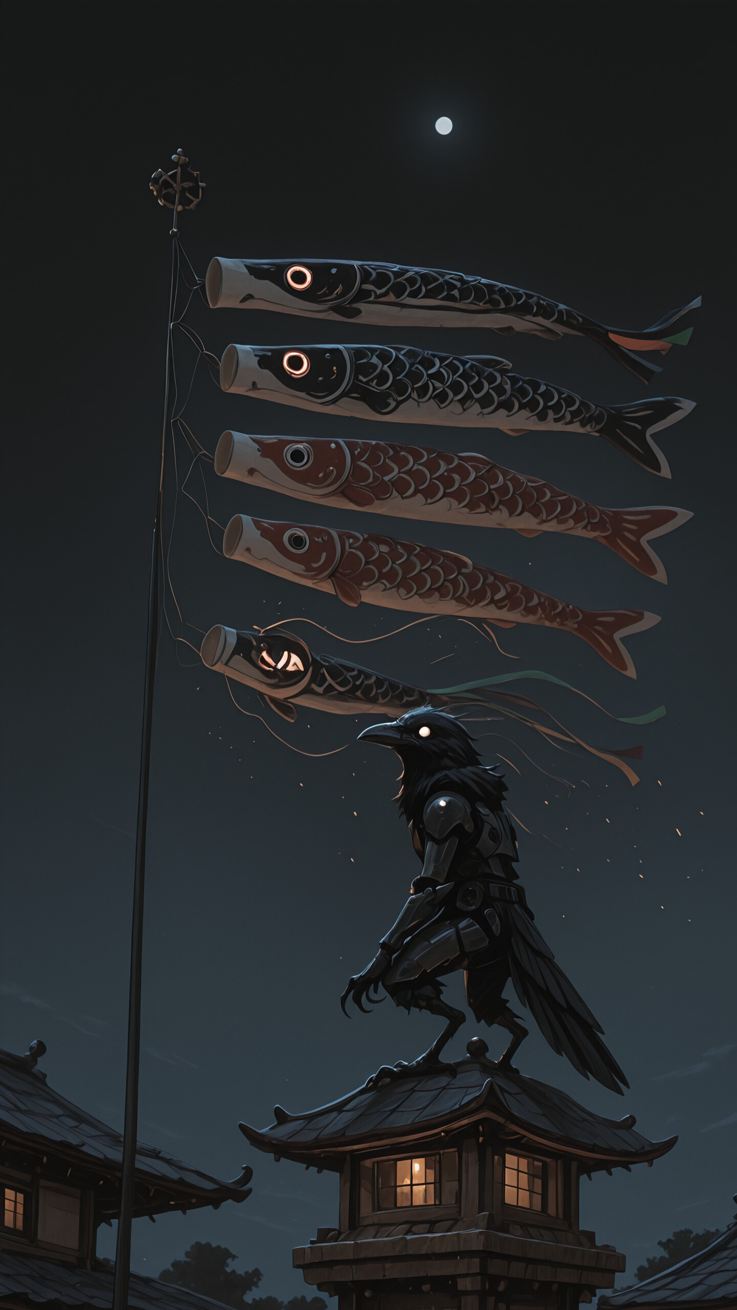A young boy on a Japanese-style rooftop at night, holding up an armored, anthropomorphic crow with glowing eyes. Koinobori carp streamers fly on a pole in the background.