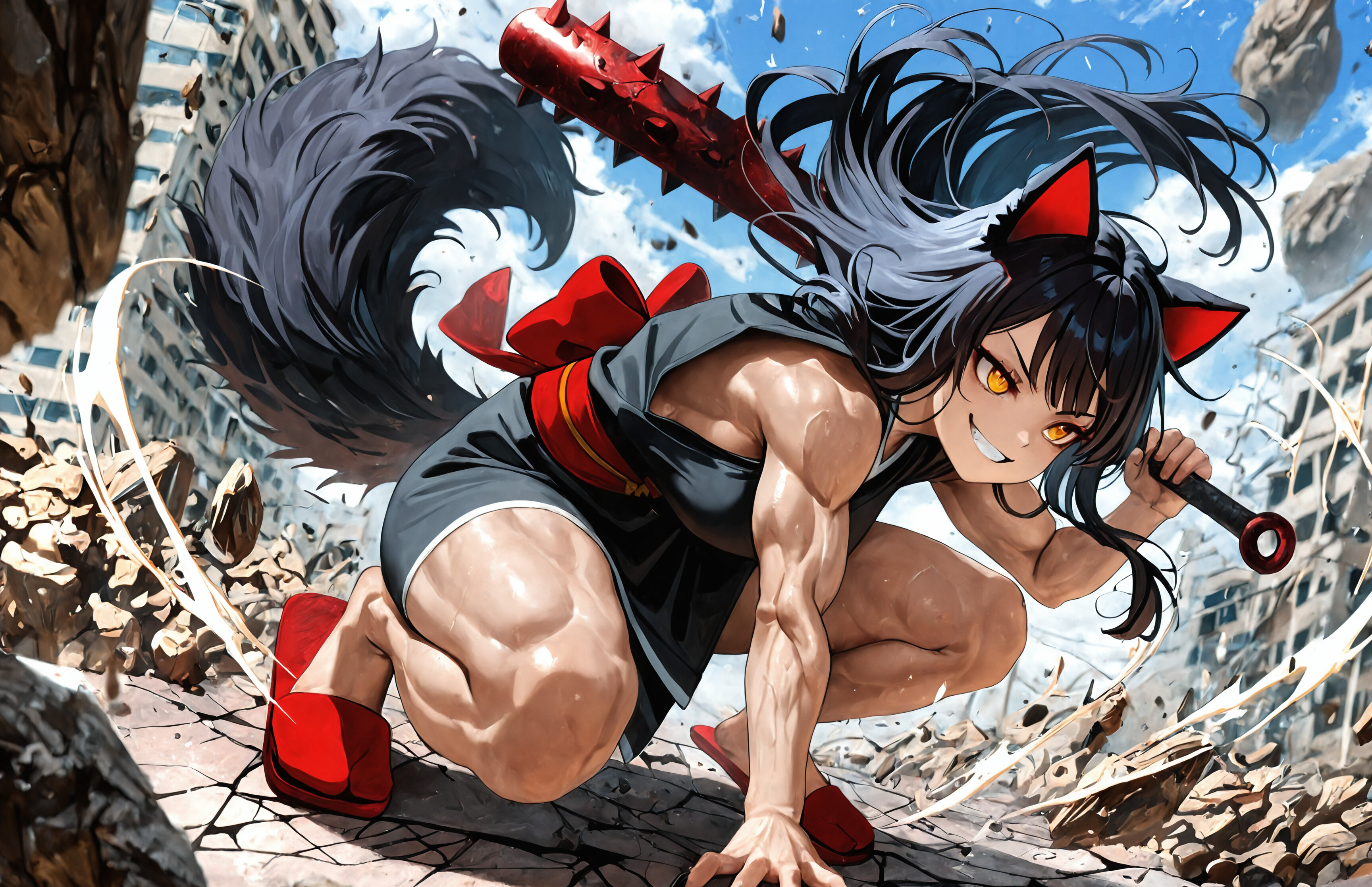 A muscular anime-style girl with black hair, wolf ears, and a fluffy tail in a dynamic squatting pose on cracked ground. She grins fiercely, showing sharp teeth, and holds a large spiked club over her shoulder. Her eyes are a glowing yellow, and she wears a black sleeveless outfit with a red sash.