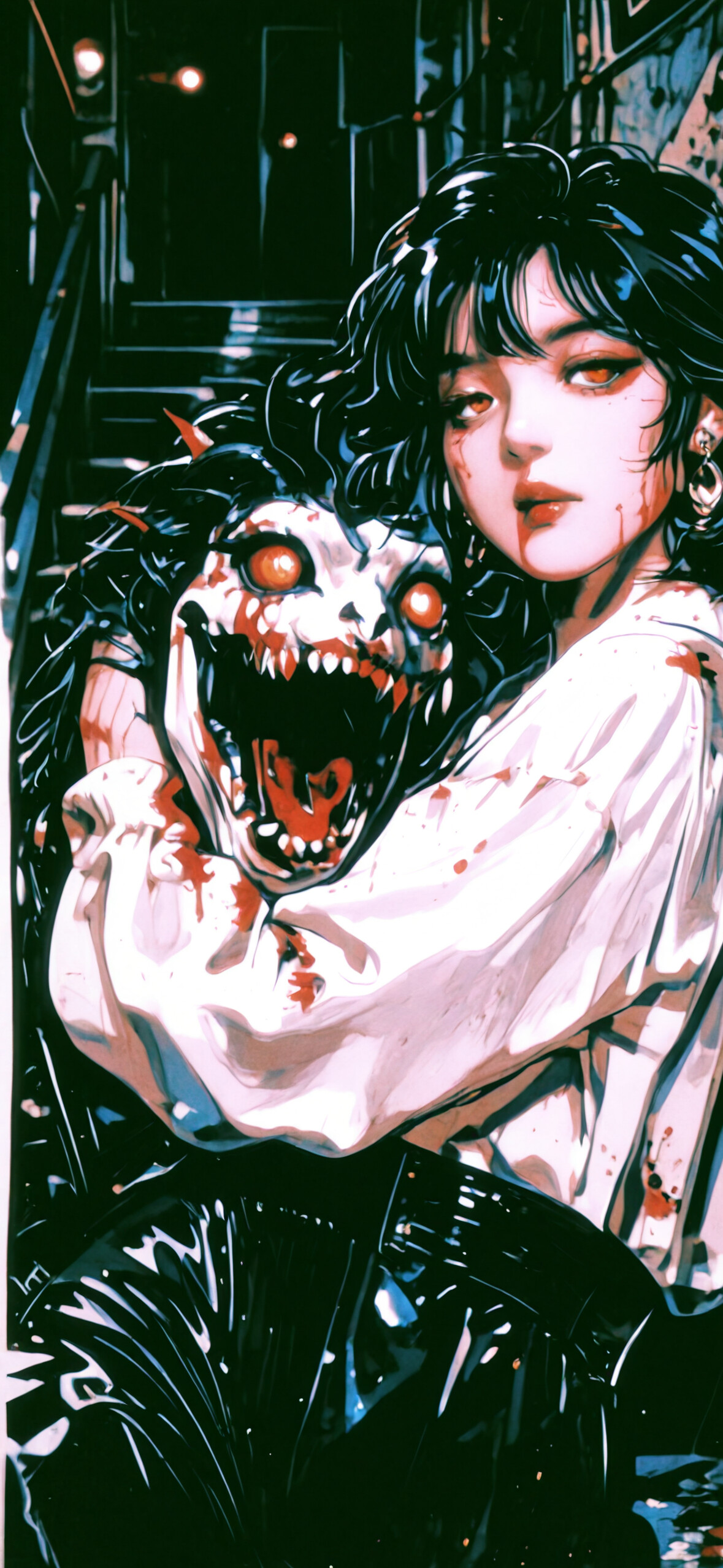 An anime-style horror illustration of a woman with dark hair and yellow eyes, covered in blood. Behind her looms her monstrous, fanged alter-ego with glowing eyes in a dark, eerie setting.