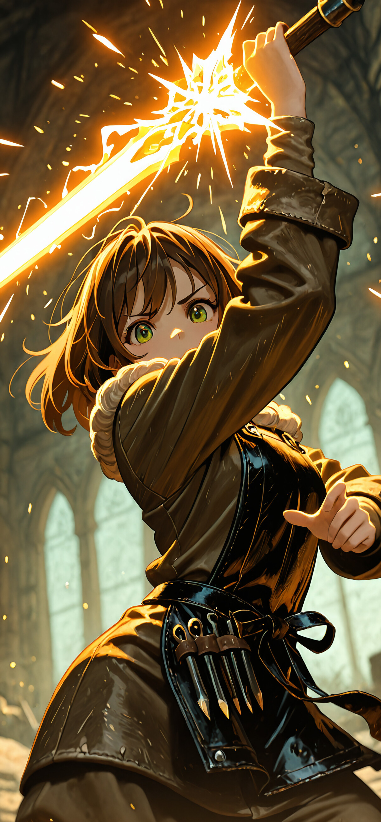 An anime-style illustration of a young woman with short brown hair and green eyes holding a large, glowing golden sword in a stone workshop.