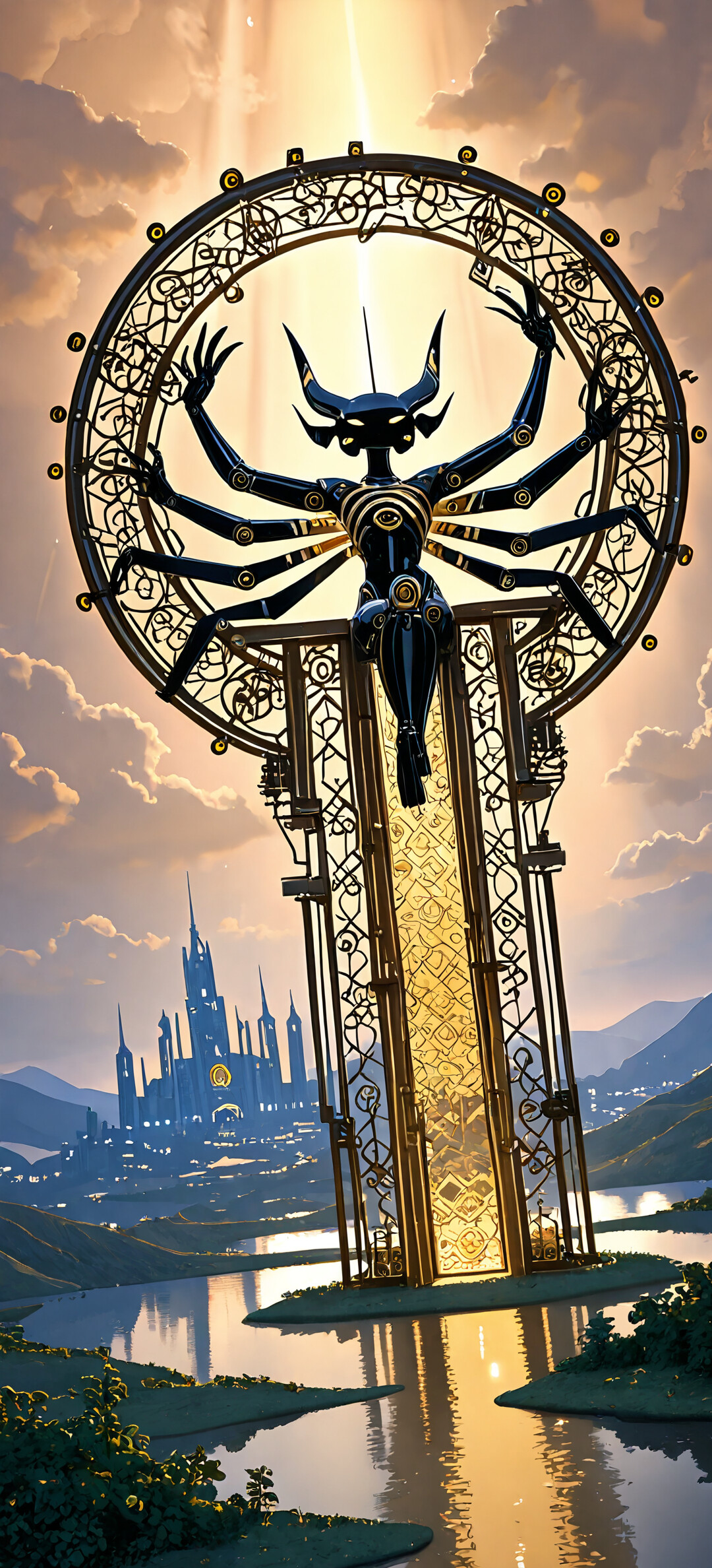 A tall, black and gold statue of a winged, robotic figure with an animal-like head, set against a glowing golden halo and overlooking a futuristic city skyline at dusk.