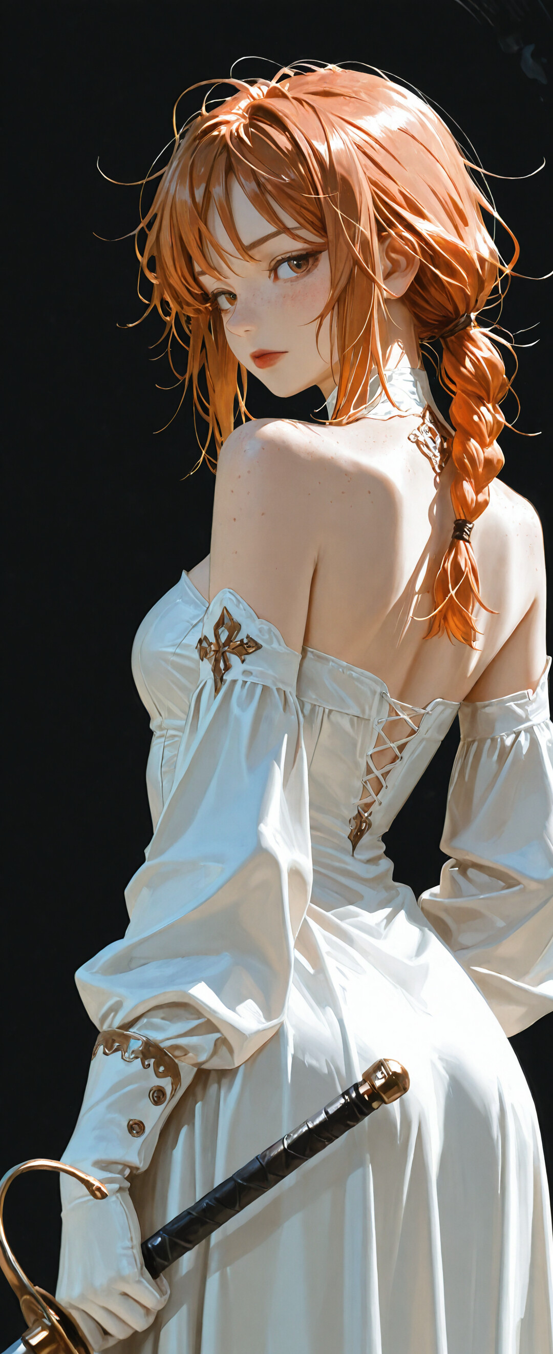 A digital illustration of a young woman with messy braided ginger hair and freckles, shown from behind. She is wearing a white strapless corset dress and long white gloves, holding a sword and looking back over her shoulder against a dark background.