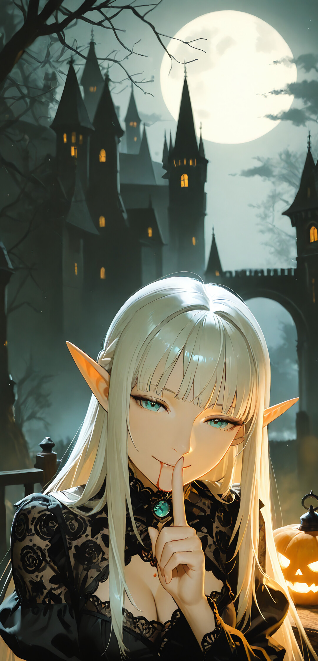 A beautiful elf with long white hair and pointed ears, wearing a black gothic dress, holds a finger to her blood-stained lips in a shushing gesture. She is standing inside a dark castle hall with a glowing jack-o'-lantern in the background.