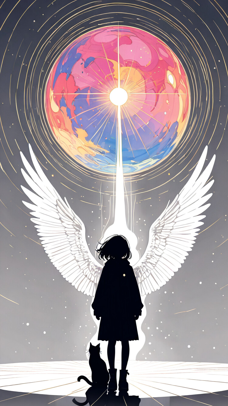 A black cat silhouette with large, white, feathery wings and a thin rainbow-colored beam projecting upwards from its head, sitting next to a smaller black kitten that is looking up at it.