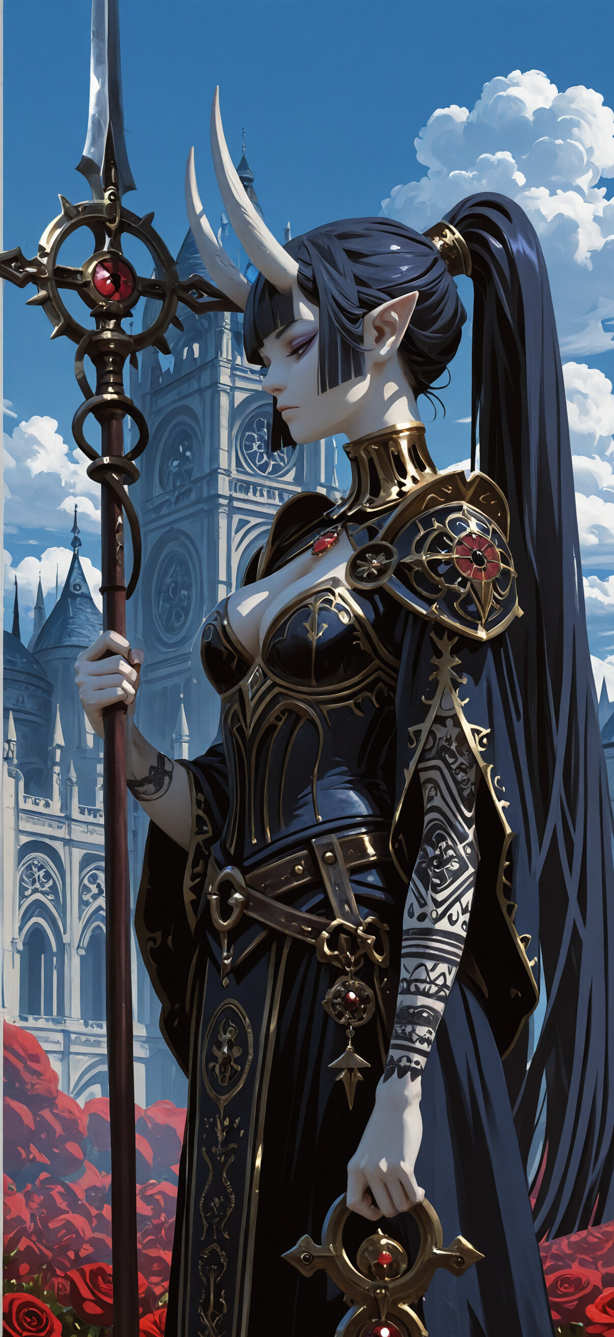 An illustration of a woman with white horns and elf ears, wearing ornate black and gold armor. She is holding a spear and standing in a field of red roses in front of a large gothic castle.